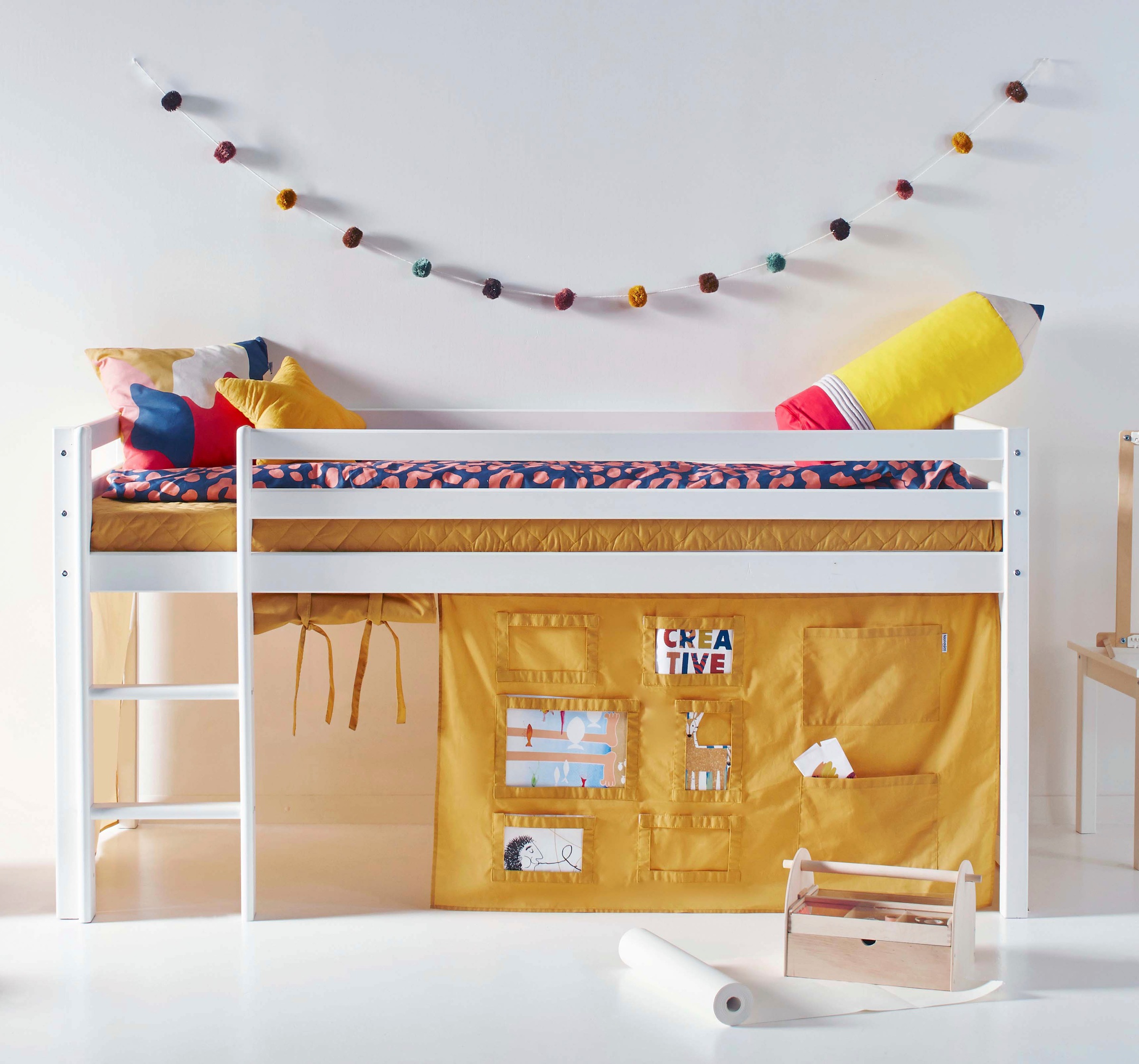 Hoppekids Hochbett »ECO Dream, Kinderbett, Spielbett, Halbhohes Bett aus Massivholz«, inkl. Vorhang-Set Creator, Bettgrösse & Matratze wählbar