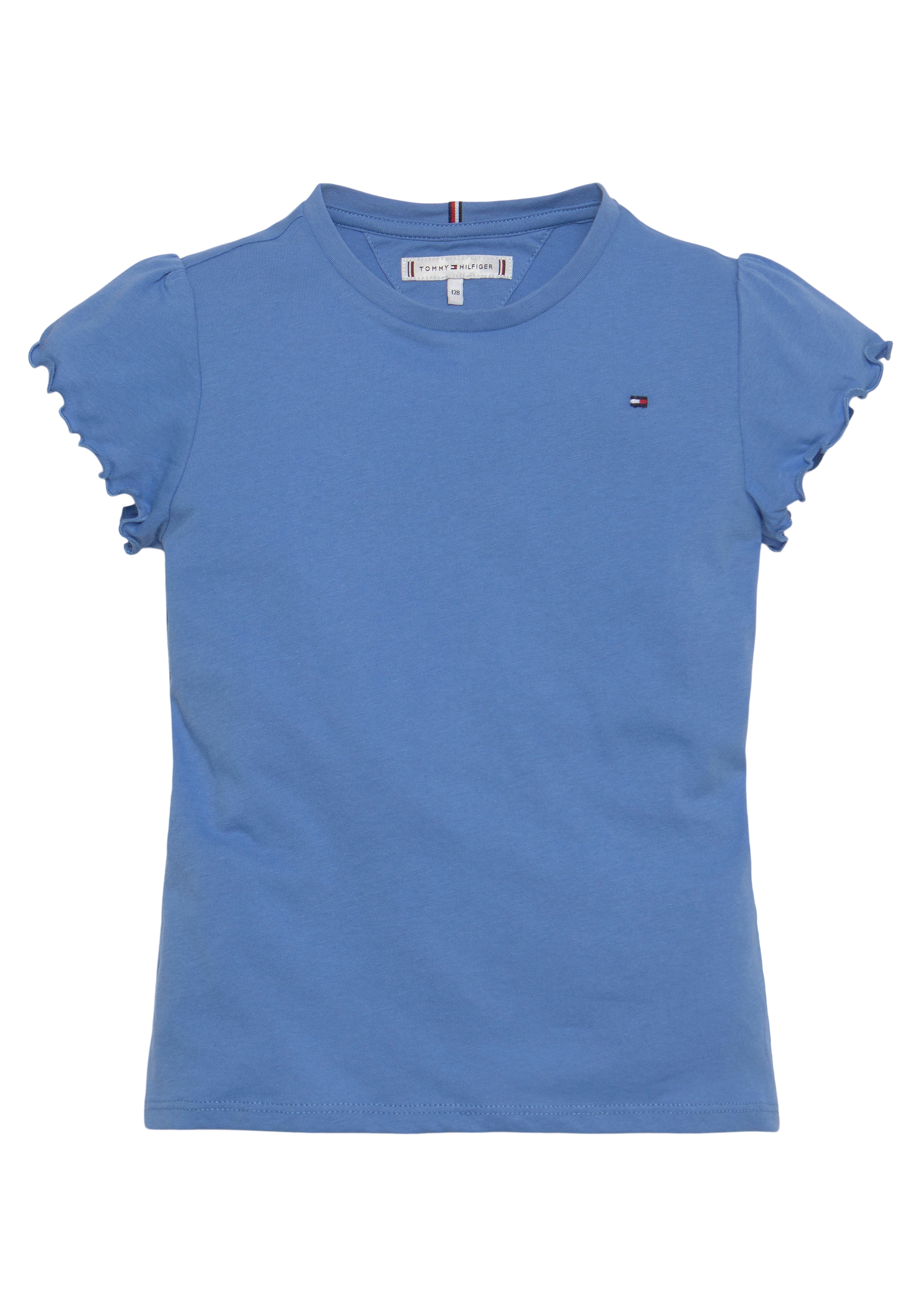 Tommy Hilfiger T-Shirt »ESSENTIAL RUFFLE SLEEVE TOP S/S«, mit Bogenkante, Logostickerei