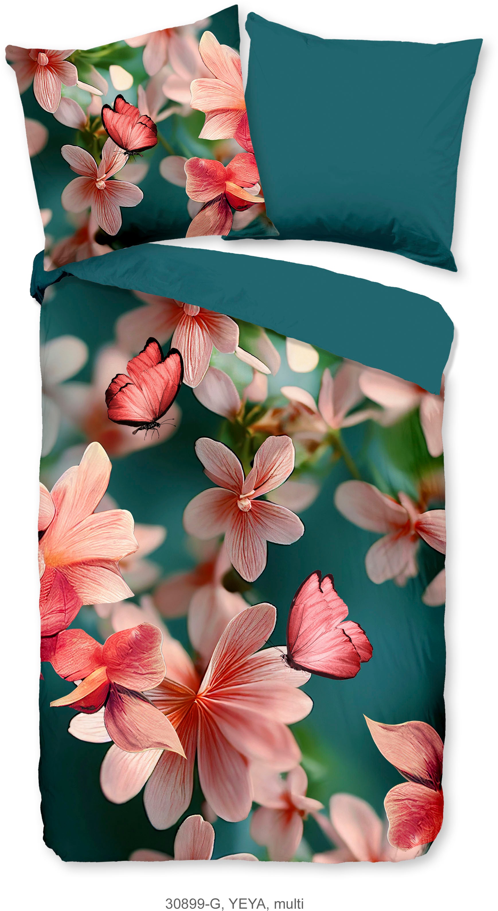 PURE luxury collection Wendebettwäsche »Yeya«, Mikrofaser, 135x200, Pflegeleicht Reissverschluss, Wende, Blumen Petrol
