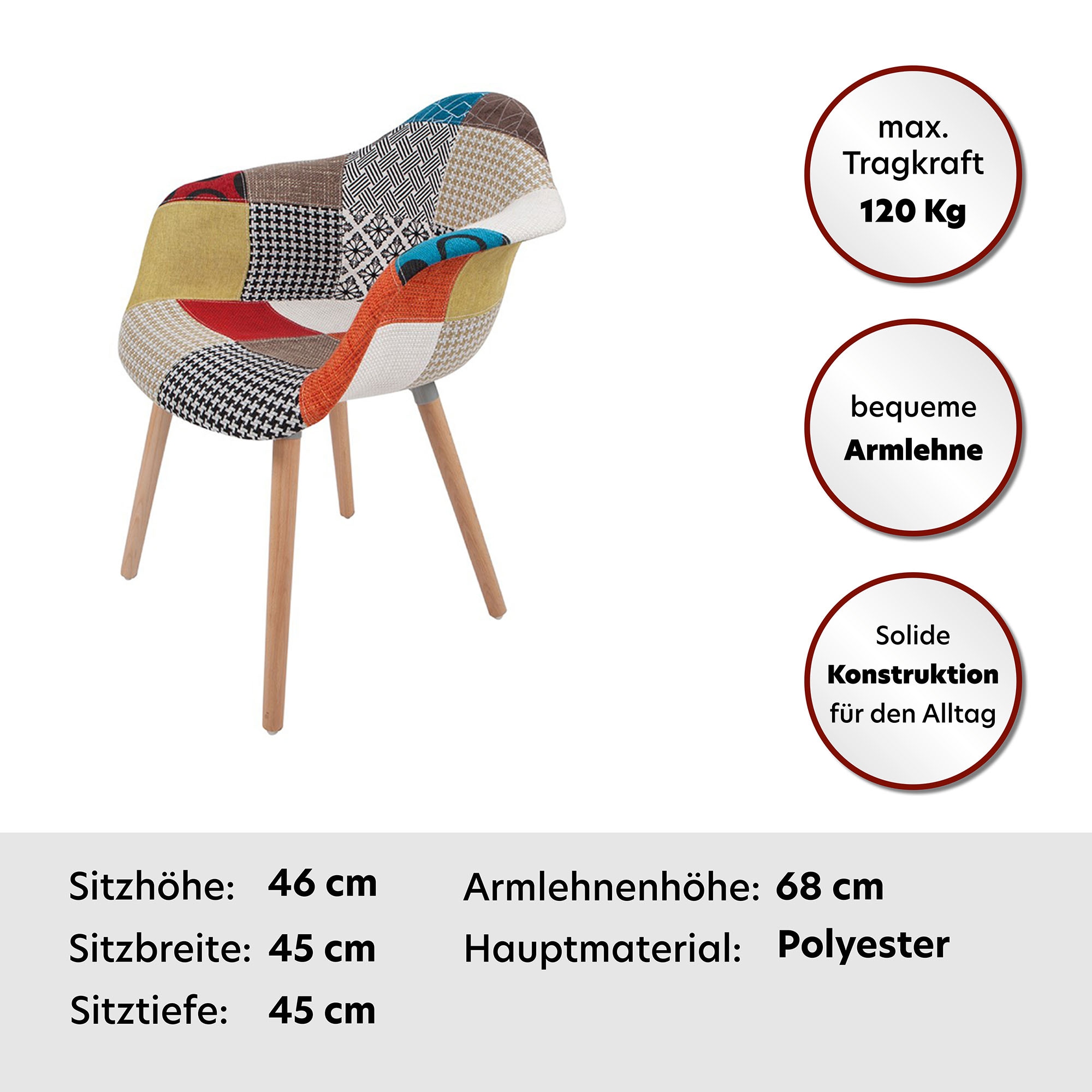 Kayoom Polsterstuhl »Stuhl Dave 110 2er-Set Multi, bequemer Stuhl mit Patchwork-Muster«, (Set), 2 St., stilvoll, elegant, elegante Naturholzbeine, attraktive Farbkombination