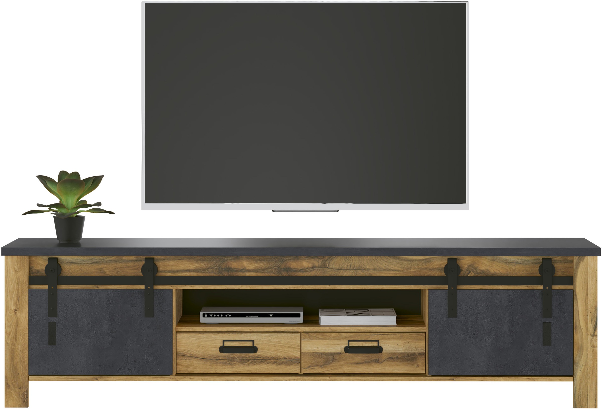 Home affaire TV-Schrank »York, moderner Unterschrank, Kommode im Industrialdesign«, mit Apothekergriffen & Scheunentorbeschlägen aus Metall, 201 cm breit