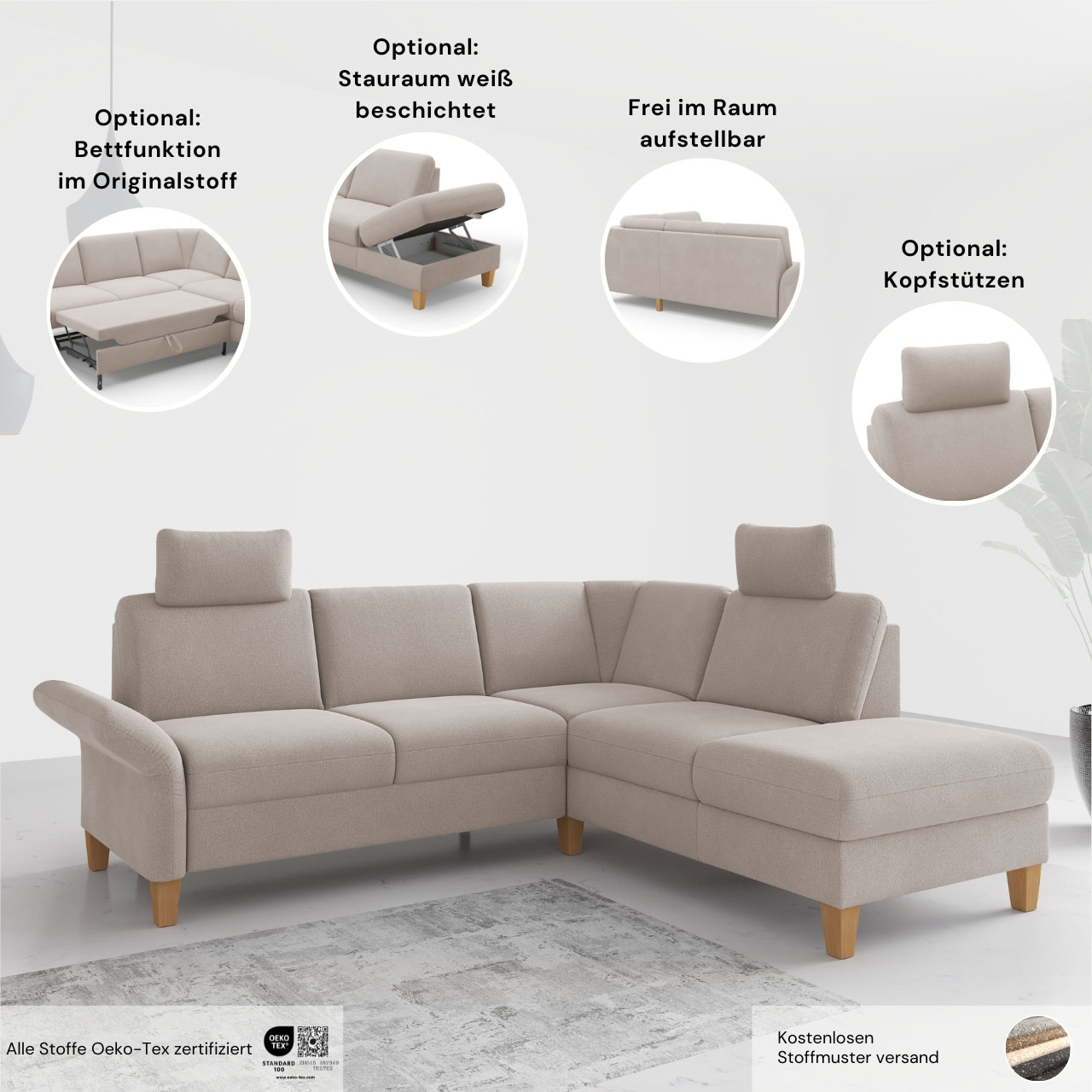 Home affaire Wohnlandschaft »Rochelle, U-Form«, optional mit Armteilverstellung, mit Bettfunktion & Bettkasten