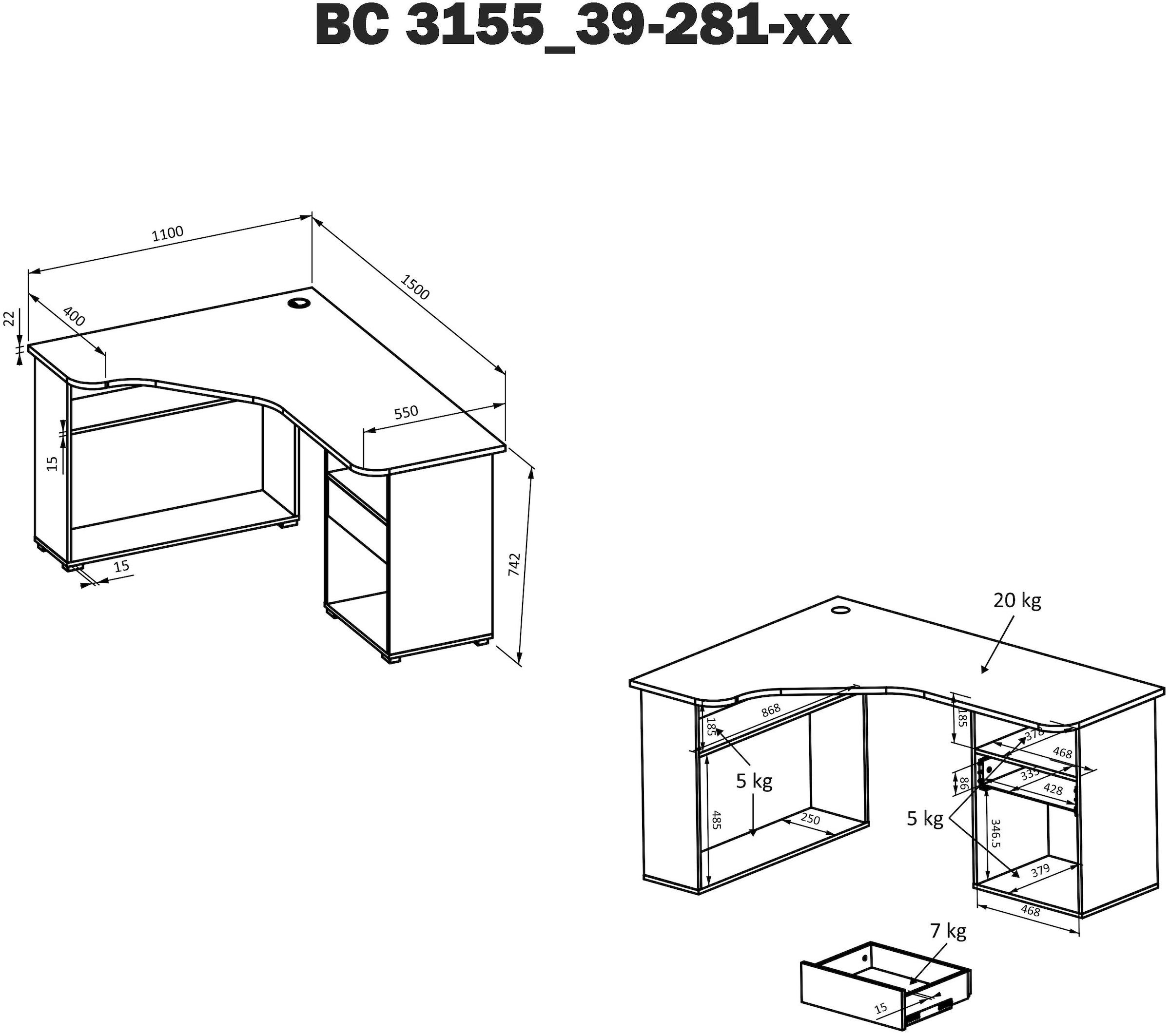 BEGA OFFICE Eckschreibtisch »BC3155«, schwarz mit Ablagefächer und Schublade