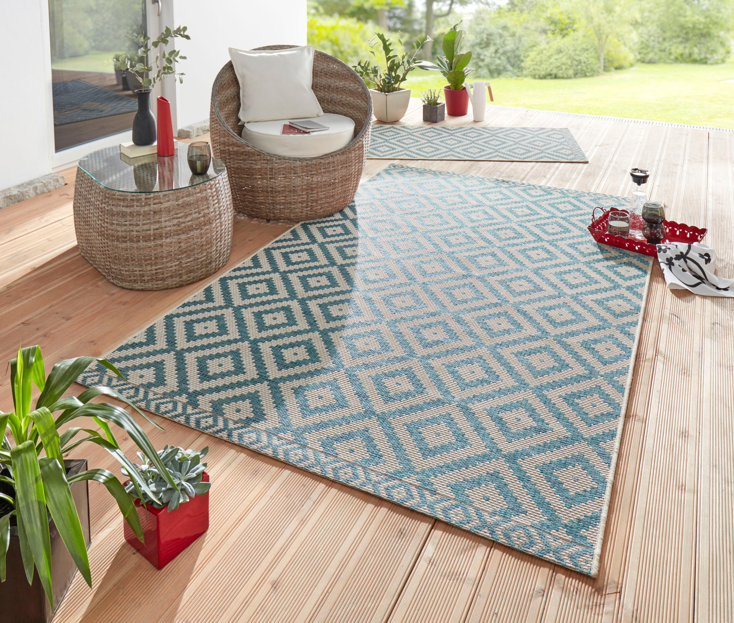 freundin Home Collection Teppich »Summer«, rechteckig, 4 mm Höhe, In-und Outdoor geeignet, Rauten Design, Pflegeleicht, Flachgewebe