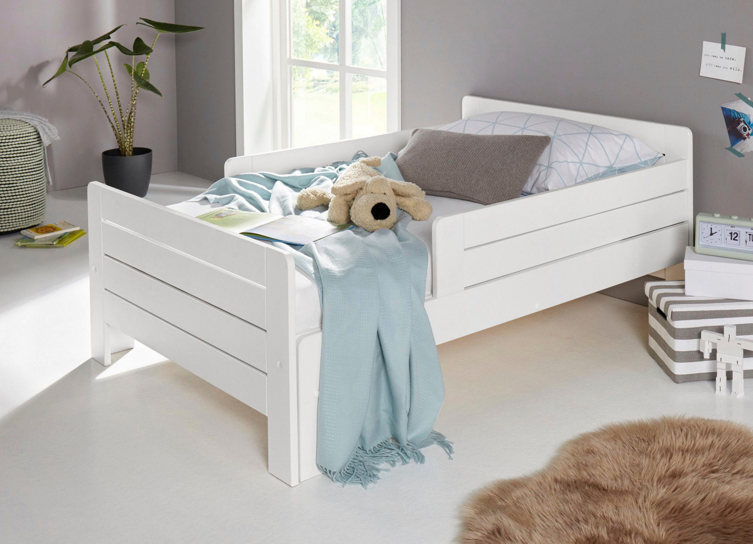 Lüttenhütt Funktionsbett »"LOTTE " Bestseller! Kinderbett mit Rausfallschutz, Schublade optional«, (ausziehbar von 140cm-200cm Länge), Mitwachsend, FSC® zertifiziertes Massivholz