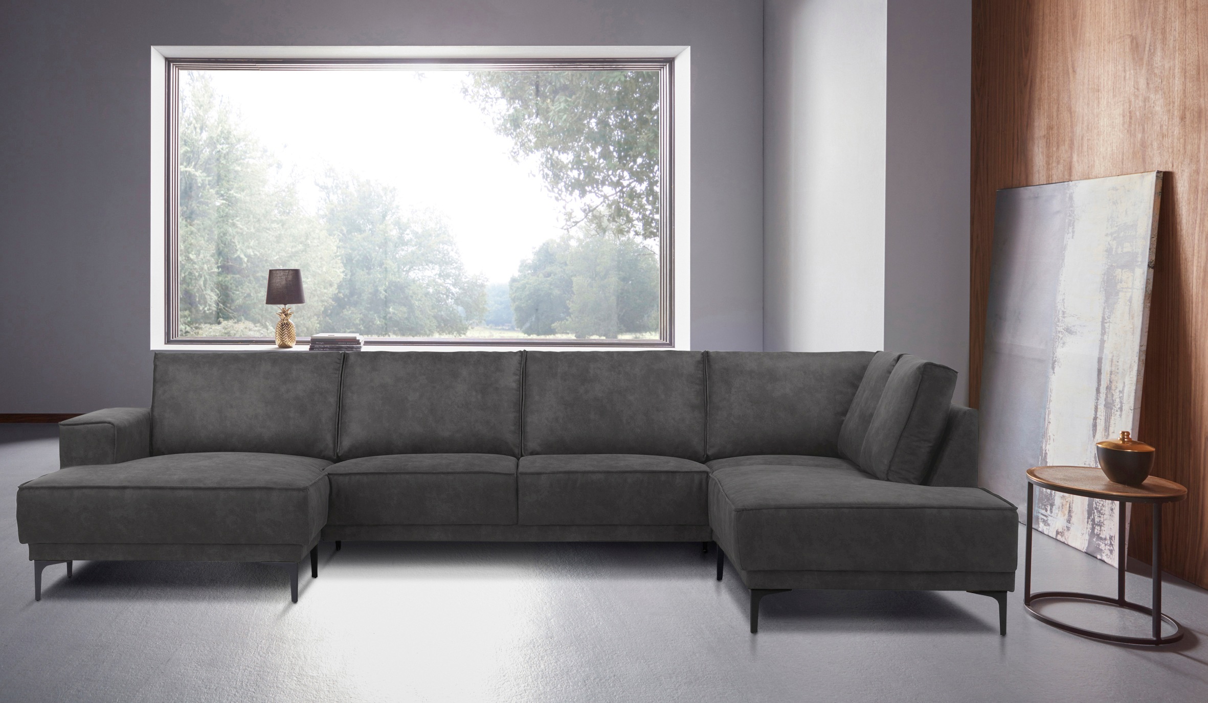 GOODproduct Wohnlandschaft "XXL Sofa Oland, Struktur, Flachgewebe, Luxus-Microfaser, Boucle" U-Form, 345 cm, Wellenunterfederung, Skandi-Design, Metallfüsse