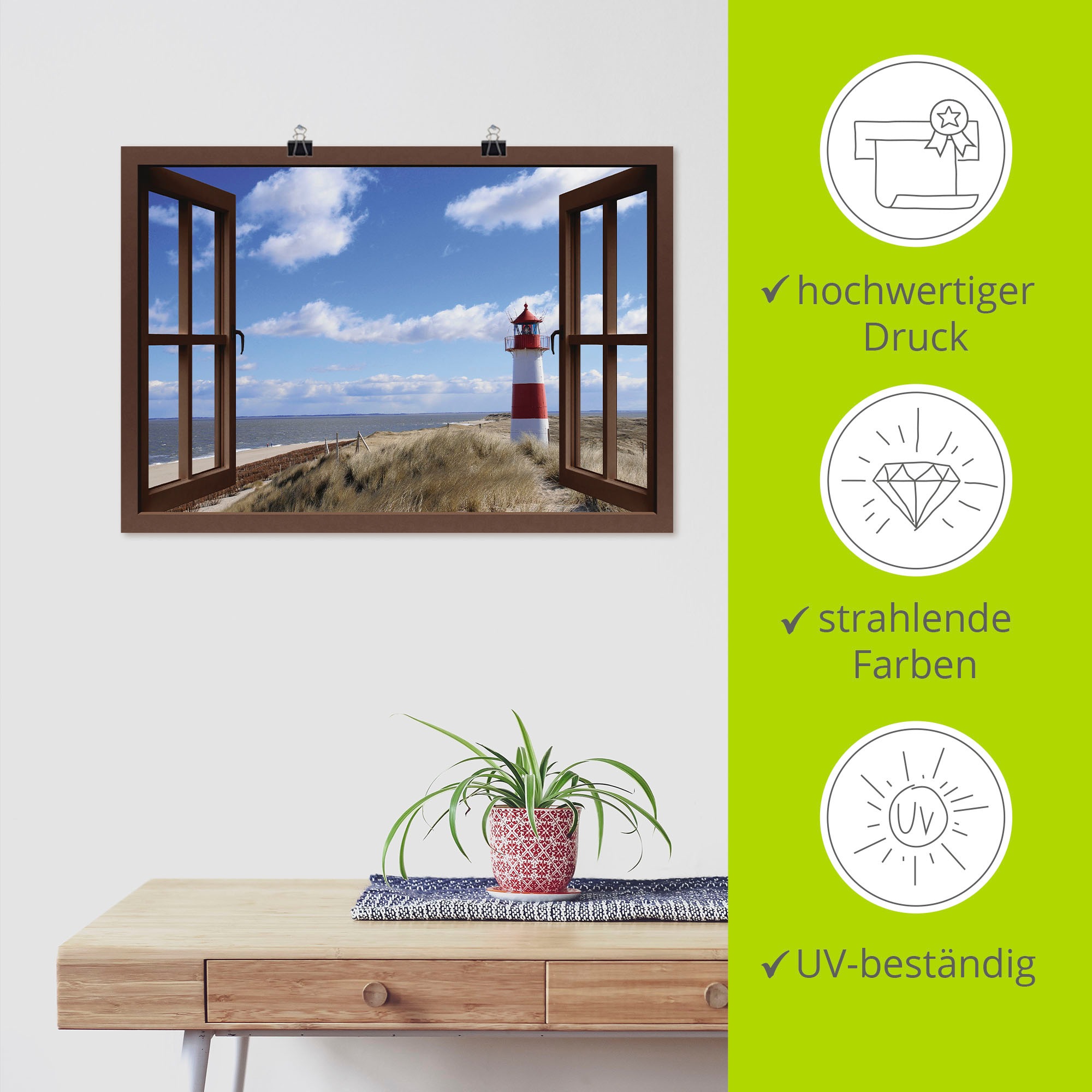 Artland Wandbild »Fensterblick - Leuchtturm Sylt«, Fensterblick, (1 St.), als Leinwandbild, Poster in verschied. Grössen