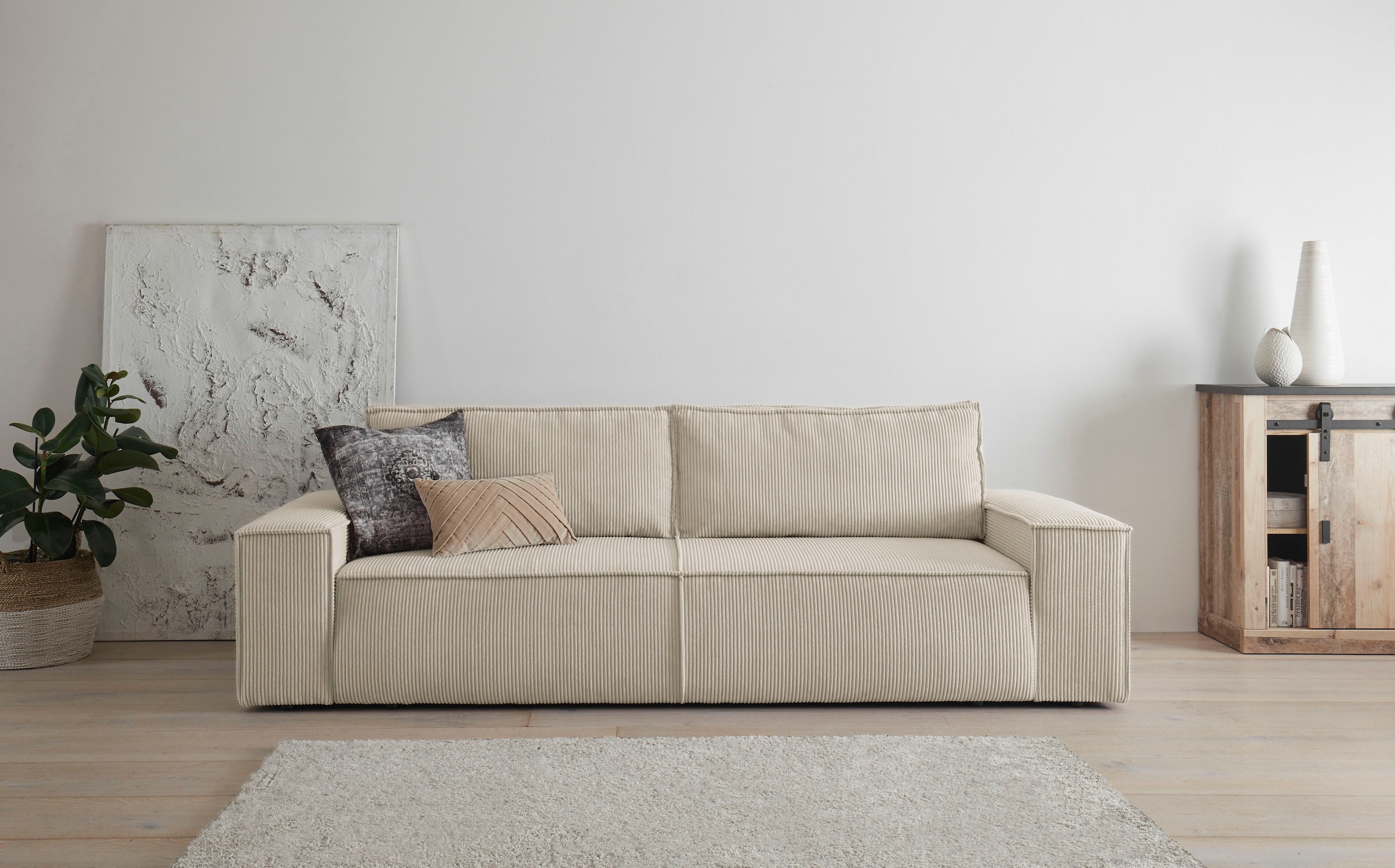 Home affaire 3-Sitzer »SHERWOOD Schlafsofa (257cm) Cord, Samtvelours, Vintage-Lederoptik«, Schlaffunktion mit Bettkasten (ca. 136/200cm)