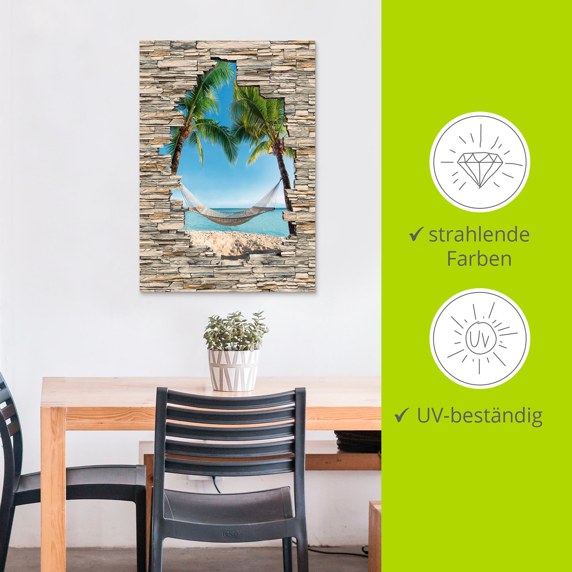 Artland Wandbild »Palmenstrand Karibik Hängematte Stein«, Karibikbilder, (1 St.), als Alubild, Outdoorbild, Poster in verschied. Grössen