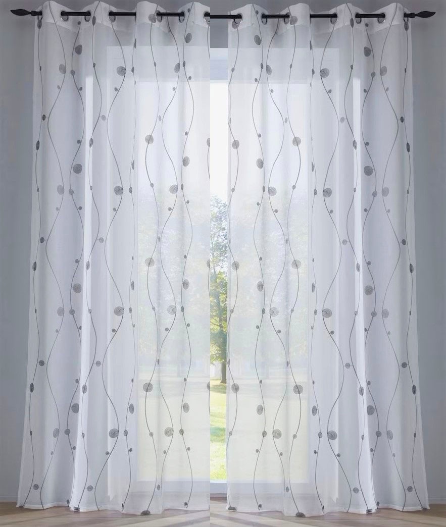 Kutti Vorhang »Nelly«, (1 St.), mit praktischen Ösen, halbtransparent, modern bestickt Kreise grau