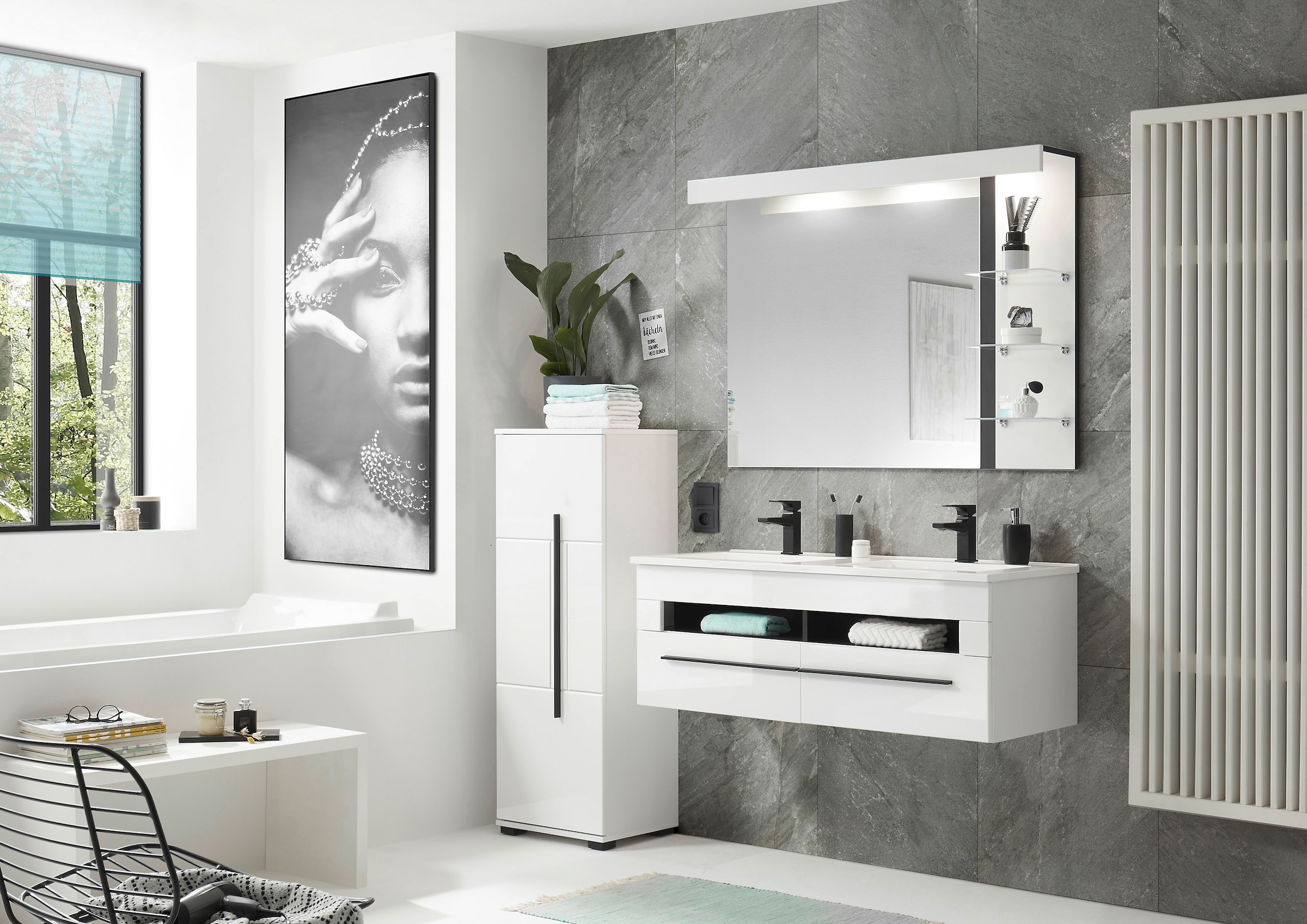 INOSIGN Badmöbel-Set »Cantara, Bad im modernen Design, 3-teiliges Badezimmer«, (Set, 3 St.), Waschtisch, Schrank und Spiegel, in Weiss Hochglanz, viel Stauraum