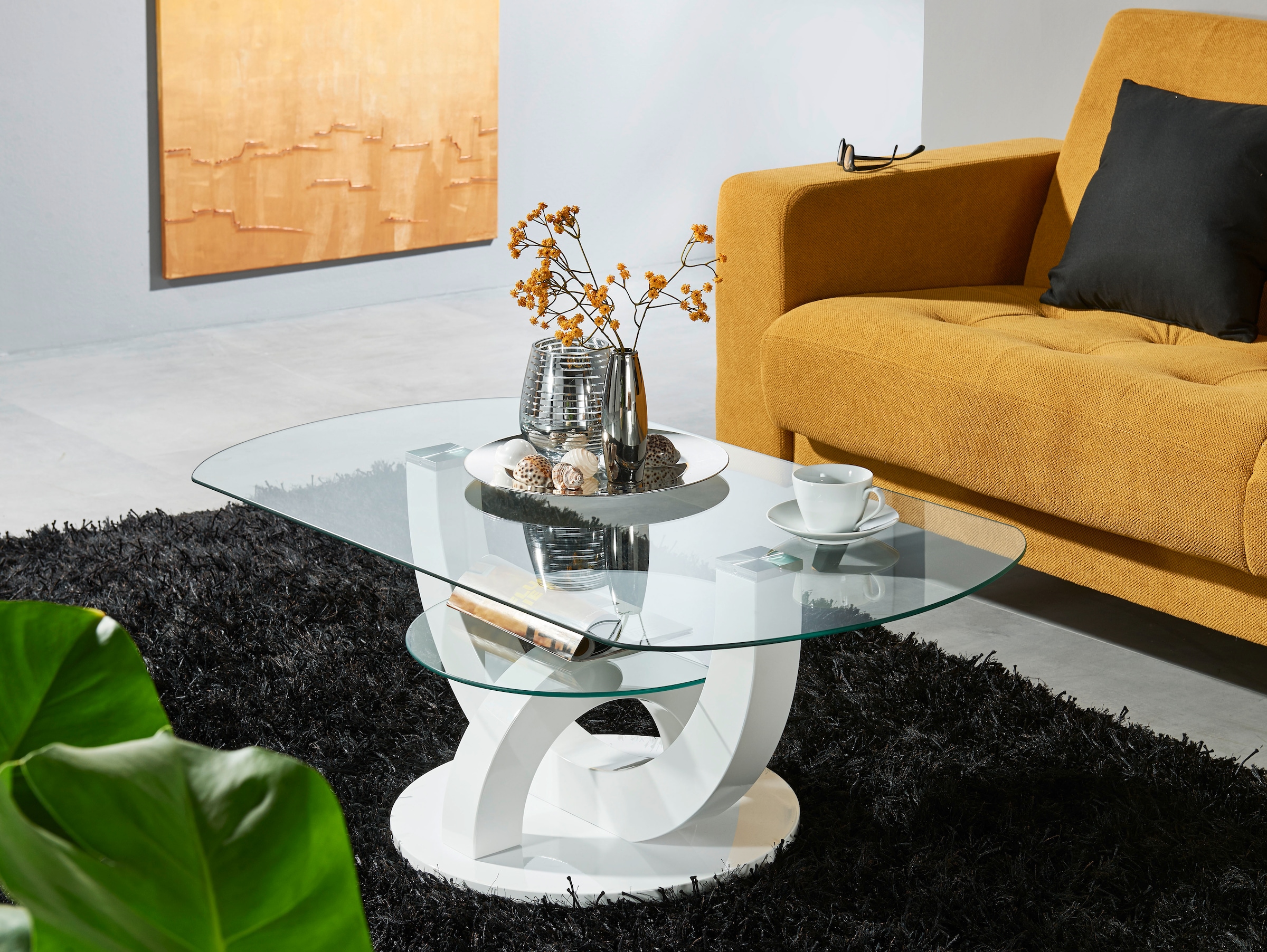 HBZ Couchtisch »Boston, TOPSELLER!«, (Wohnzimmertisch), Glastisch, Tisch mit U-Form Gestell in weiss hochglanz
