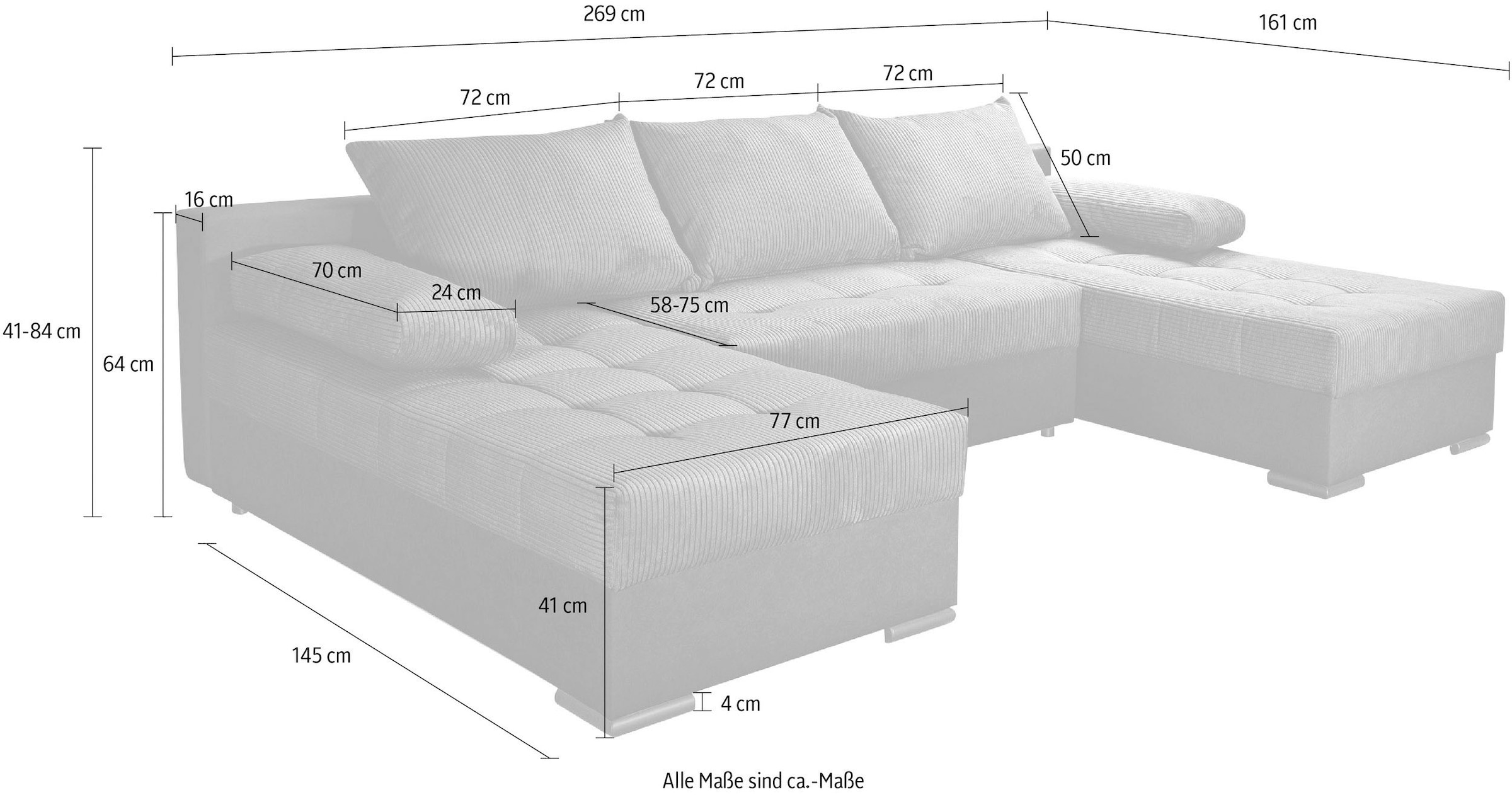 INOSIGN Wohnlandschaft »Josy U-Form«, inkl. Bettfunktion, Bettkasten und Kissen, mit 2 Recamieren