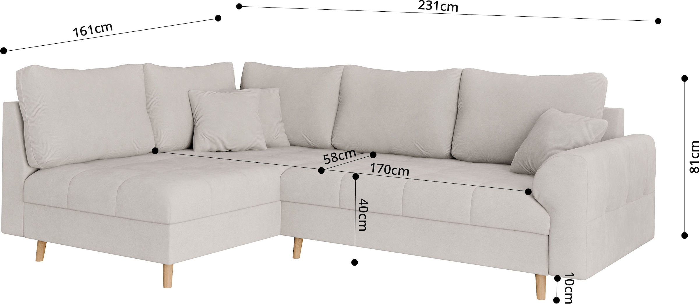Home affaire Ecksofa »CHARRE L-Form mit Ottomane, Masse B/T/H: 231/161/81 cm«, feine Steppung, lose Rücken- und Zierkissen, auch in Cord und Bouclé