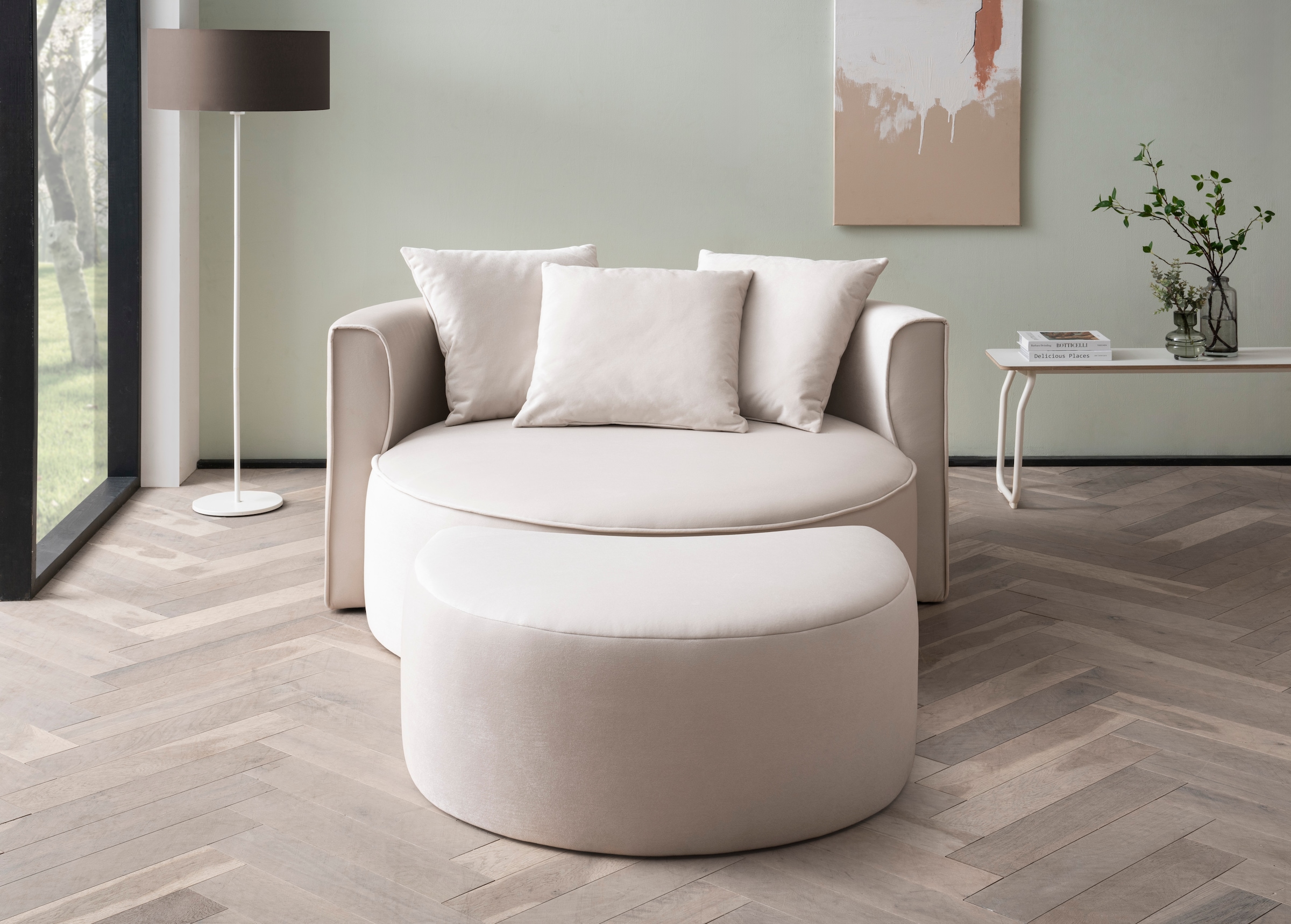 LeGer Home by Lena Gercke XXL-Sessel »Isalie, Rundsessel mit Hocker, Lesesessel, Loveseat, Big-Sessel«, (Set), trendige Stoffe, mit 3 Zierkissen, grosse Sitzfläche