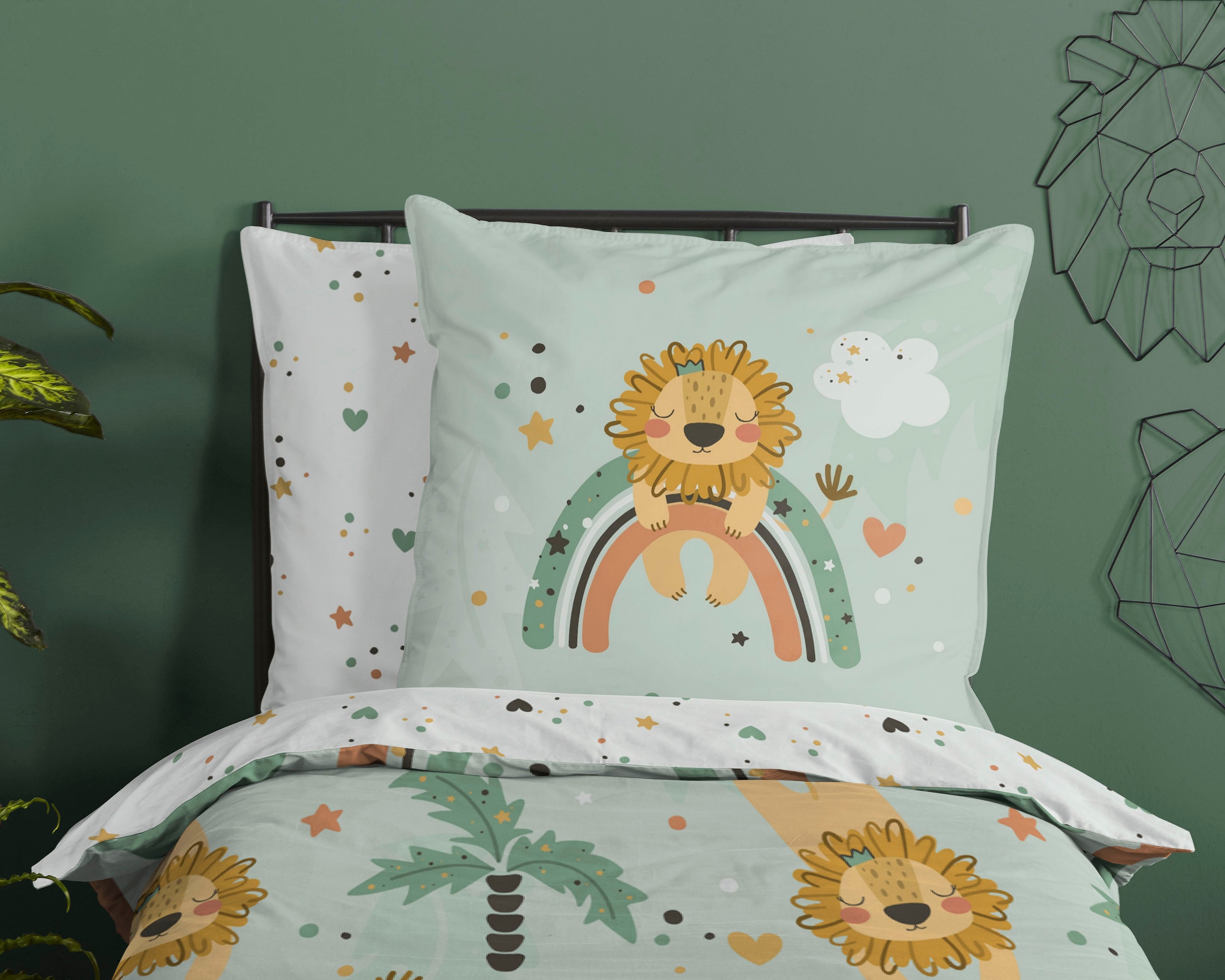 good morning Kinderbettwäsche »Lions«, Baumwolle, 135x200, Reissverschluss, Wendeoptik, Kind, Junge, Grün Löwe