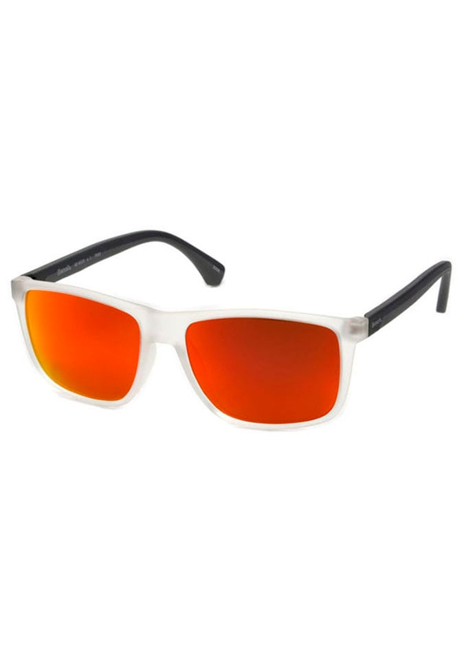 | mit en Verspiegelung Sonnenbrille, einer Jelmoli-Versand Bench. Boutique orangefarbenen ligne