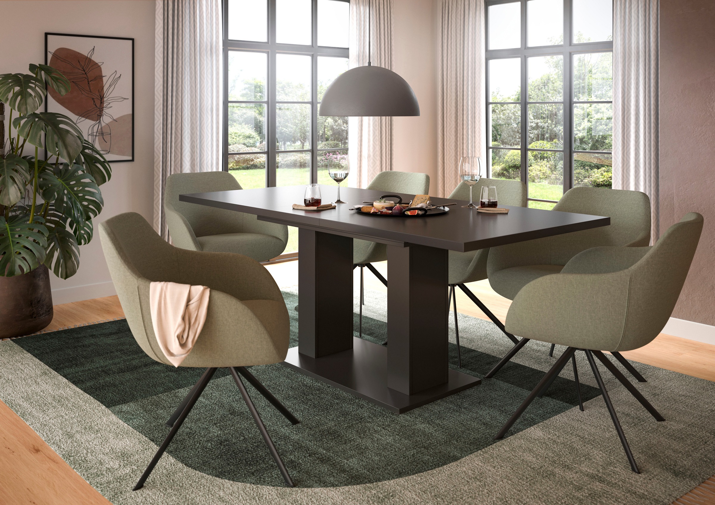 Home affaire Esstisch "Motus, ausziehbar 150 -190 cm, inklusive 40 cm Einlegeplatte" Set, 1 Stk. tlg. Doppelsäulengestell mit Bodenplatte, Tisch, Esstisch, Küche