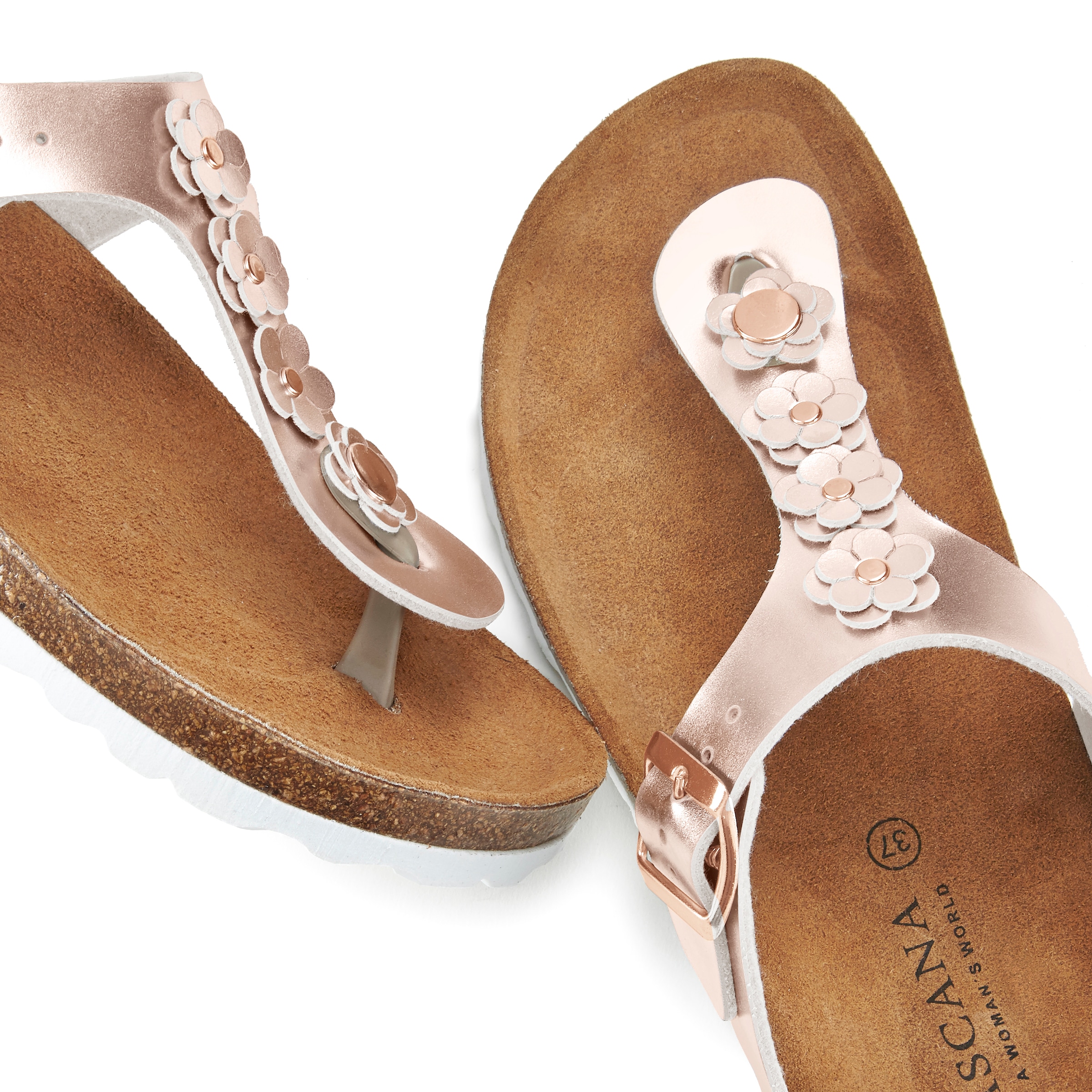 LASCANA Zehentrenner »Sandale, Pantolette, offener Schuh, Sommerschuh,«, mit modischer Applikation und Komfortkorkfussbett aus Leder