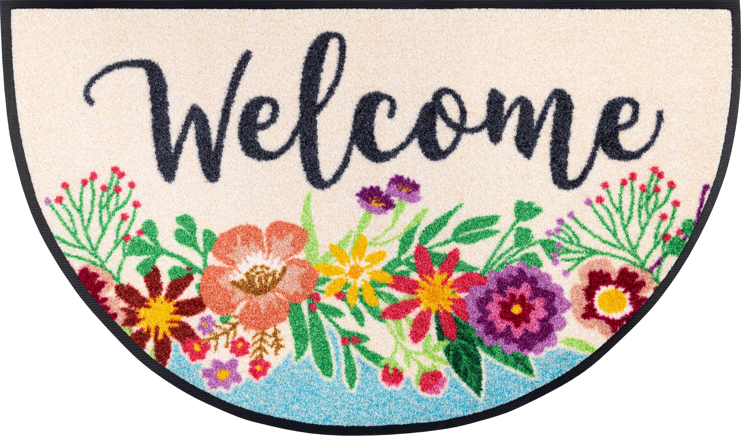 wash+dry by Kleen-Tex Fussmatte »Round Welcome Blooming«, halbrund, 7 mm Höhe, Schmutzfangmatte, Motiv Blumen, mit Spruch, rutschhemmend, waschbar
