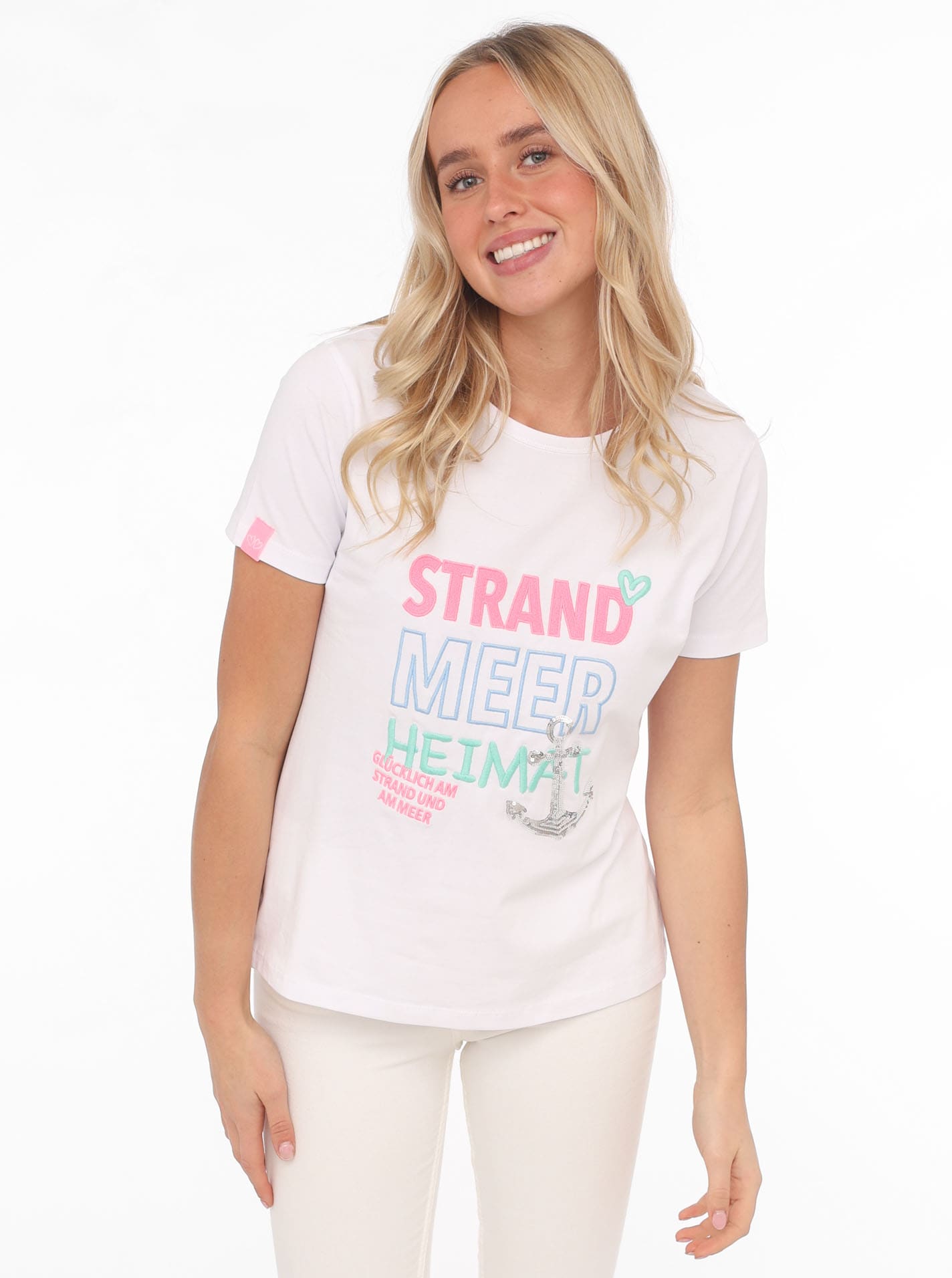 Zwillingsherz T-Shirt »"Strand Meer Heimat"« maritimer Stickerei, Pailletten, Kurzarm, Rundhalsausschnitt