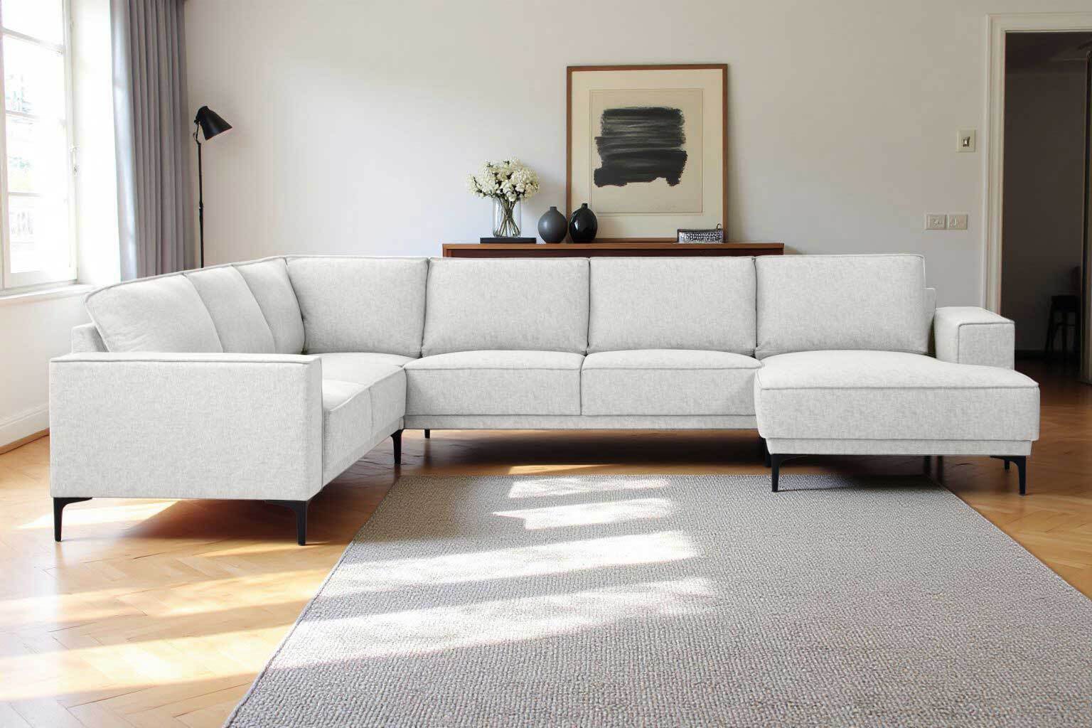 Places of Style Wohnlandschaft »XXL Sofa Oland, Struktur, Flachgewebe, Luxus-Microfaser, Boucle«, U-Form, 342 cm, Wellenunterfederung, Skandi-Design, Metallfüsse