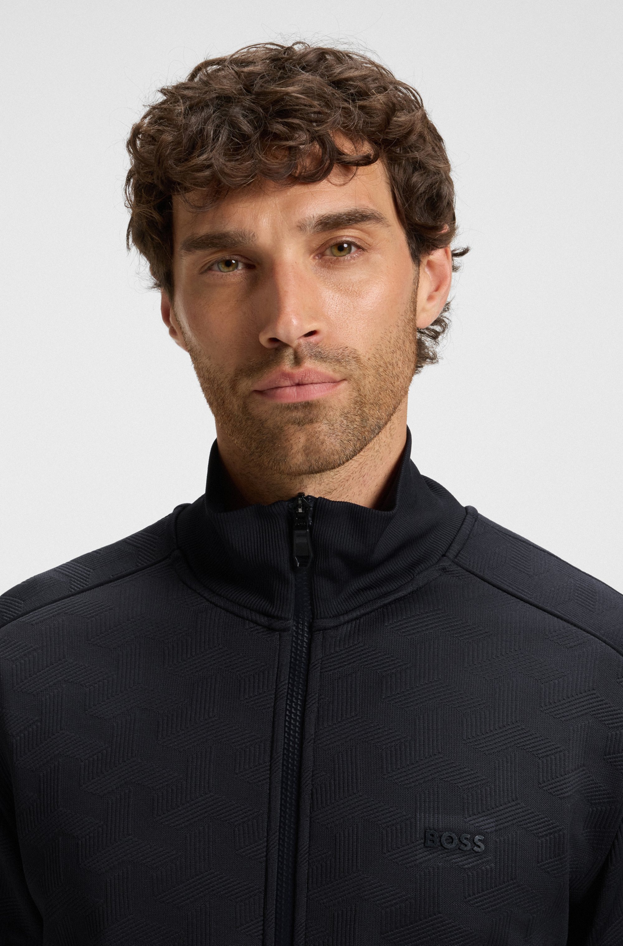 BOSS GREEN Sweatjacke »Mirror«, Flachstrickkragen, regular fit, Reissverschluss, gesteppter Jacquard