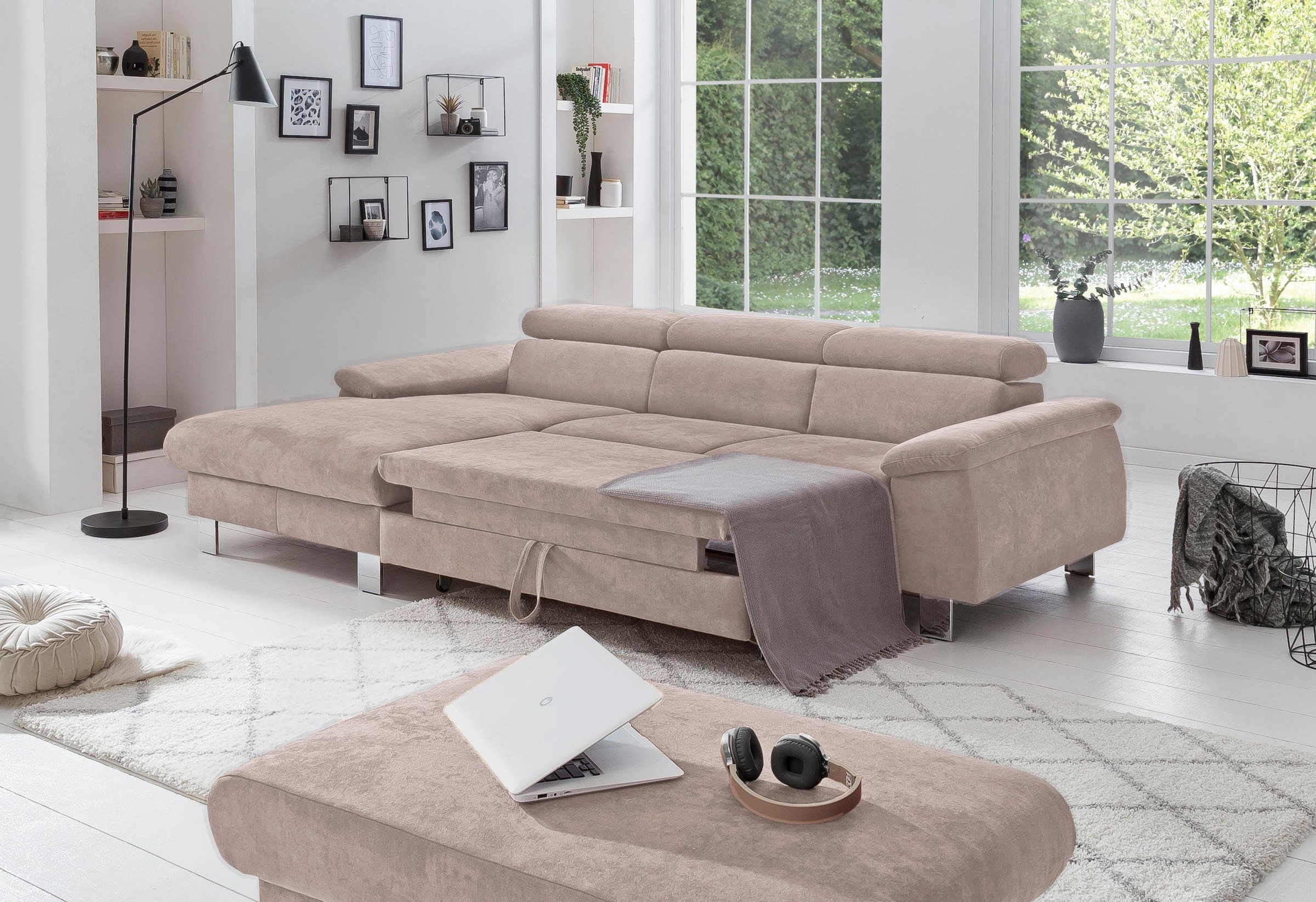 COTTA Ecksofa Komaris, Ecksofa, wahlweise mit RGB-LED-Beleuchtung und Bettfunktion/Bettkasten
