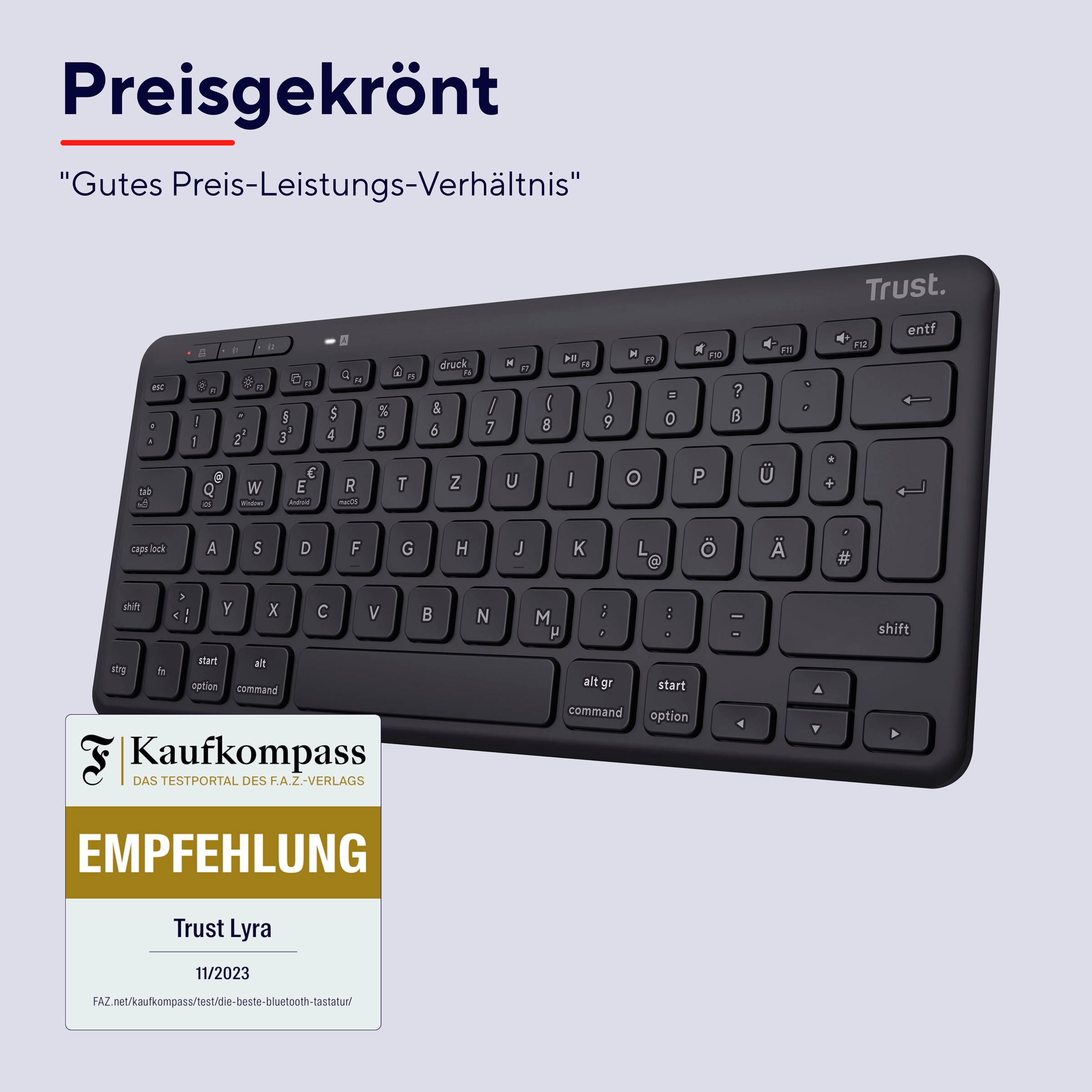 Trust Wireless-Tastatur »Lyra Kompakte Funktastatur«, (USB-Anschluss-Anpassbare Höhe-Multimedia-Tasten)