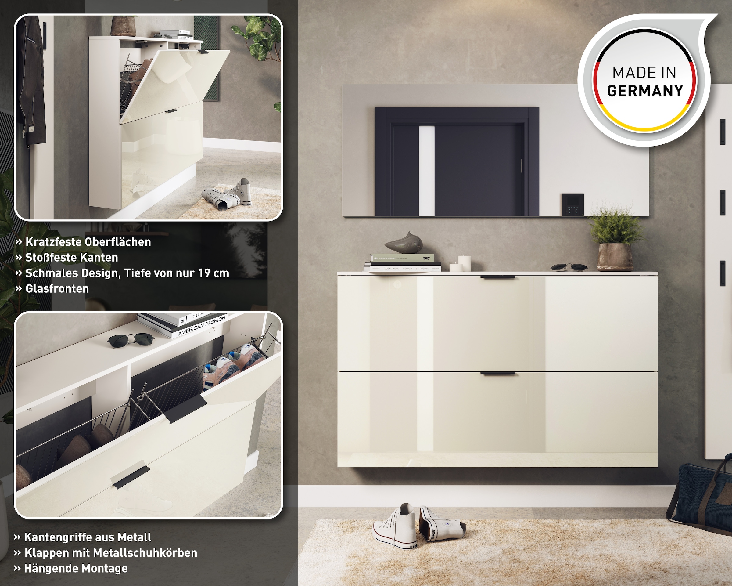 GERMANIA Garderoben-Set »Valega«, (4 St.), Schuhschrank mit Glasfronten, Spiegel und zwei Garderobenpaneelen