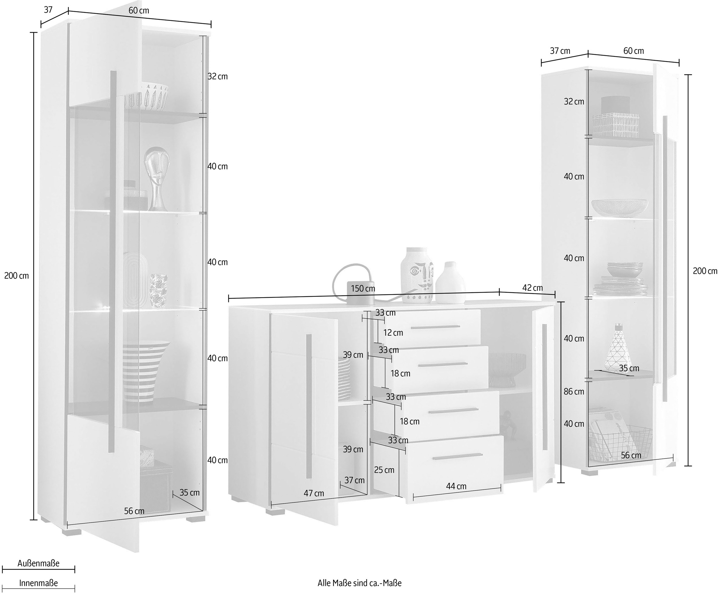 INOSIGN Wohnwand »Cantara, moderne Anbauwand, Wohnzimmer-Set, in Eiche Evoke oder Weiss«, (Set), enthält zwei Vitrinen und ein Sideboard