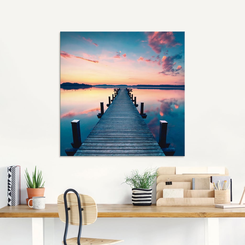 Artland Glasbild »Langer Pier am See im Sonnenaufgang«, Gewässer, (1 St.)