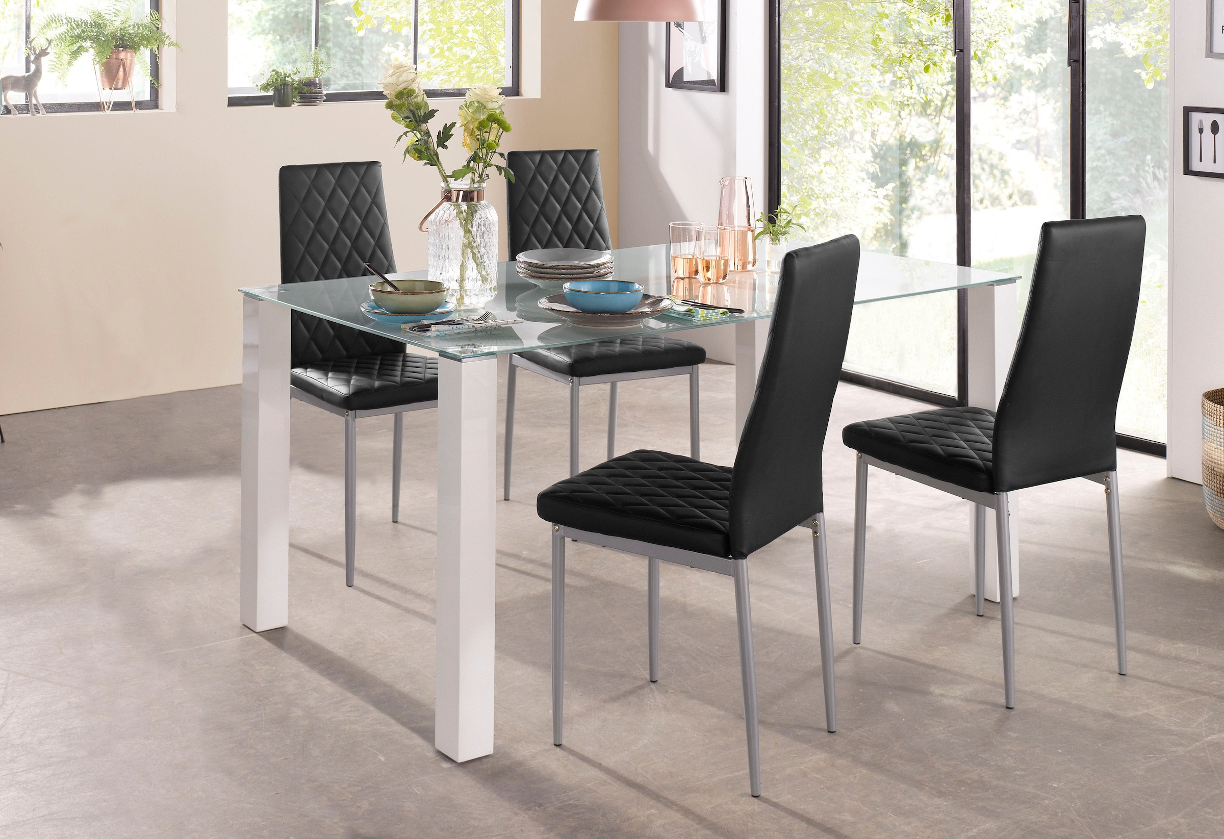 INOSIGN Essgruppe, (Set, 5 tlg.), 160 cm breiter Glastisch, verschiedene  Farbvarianten der Stuhlbezüge online bestellen | Jelmoli-Versand