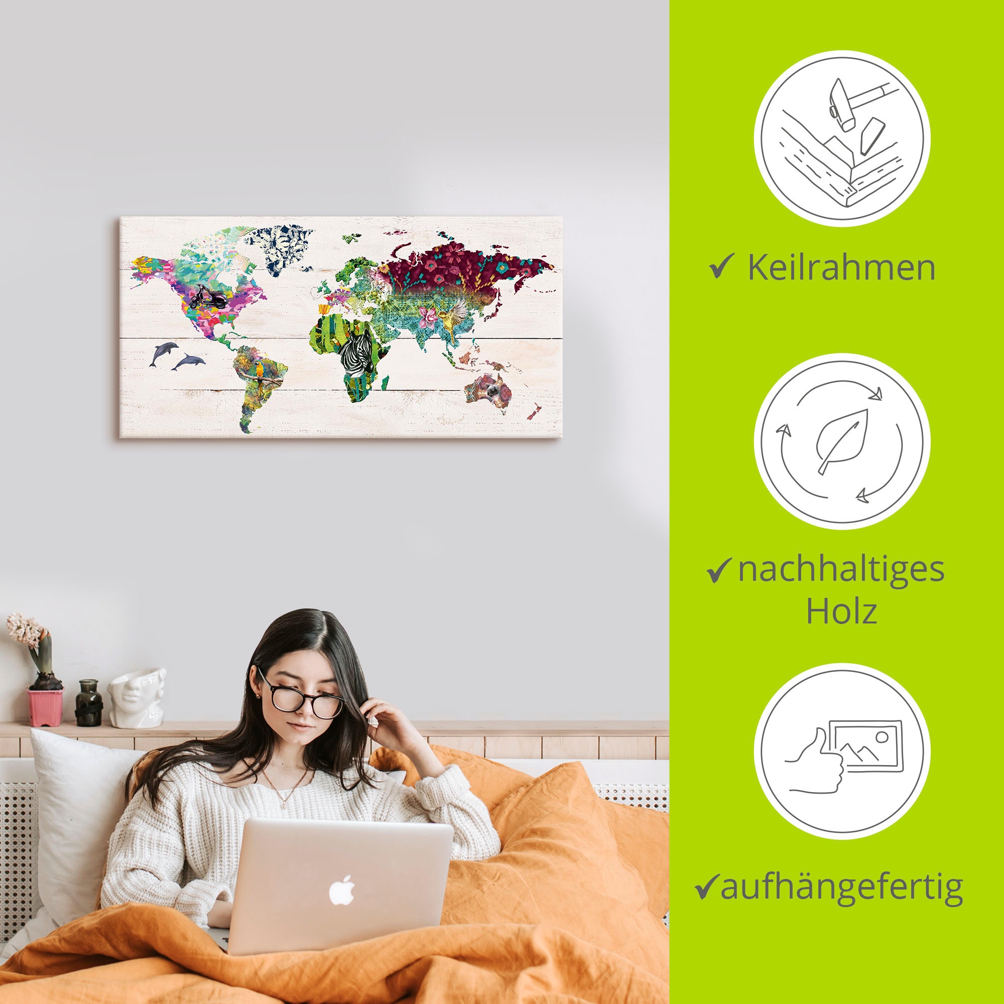 Artland Wandbild »Bunte Welt auf hölzernem Untergrund«, Landkarten, (1 St.), als Leinwandbild, Poster in verschied. Grössen