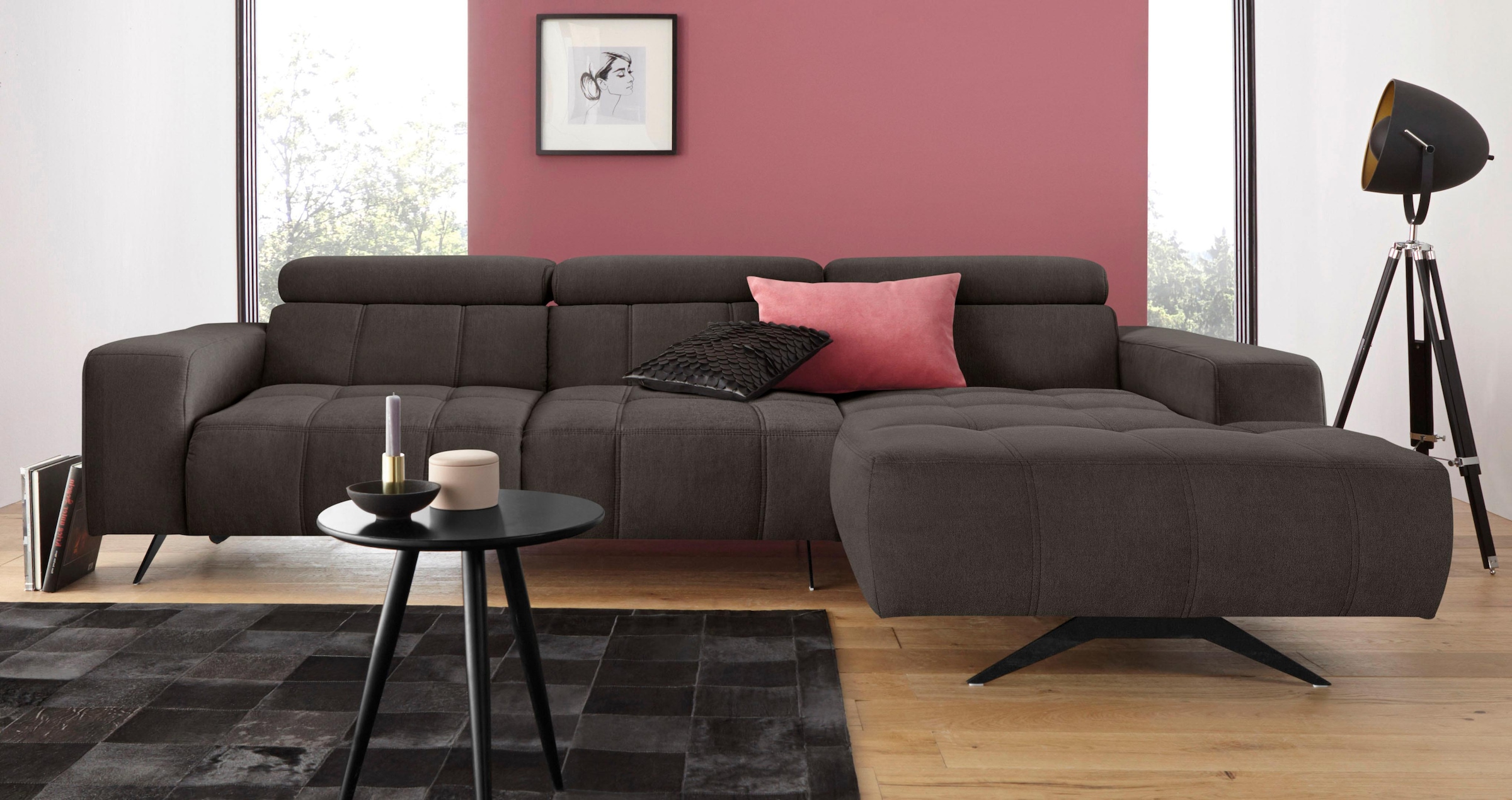 DOMO collection Ecksofa »Trento L-Form, mit Kufenfuss oder Einzelfuss«, wahlweise mit Kopfteilverstellung, Recamiere links/rechts bestellbar