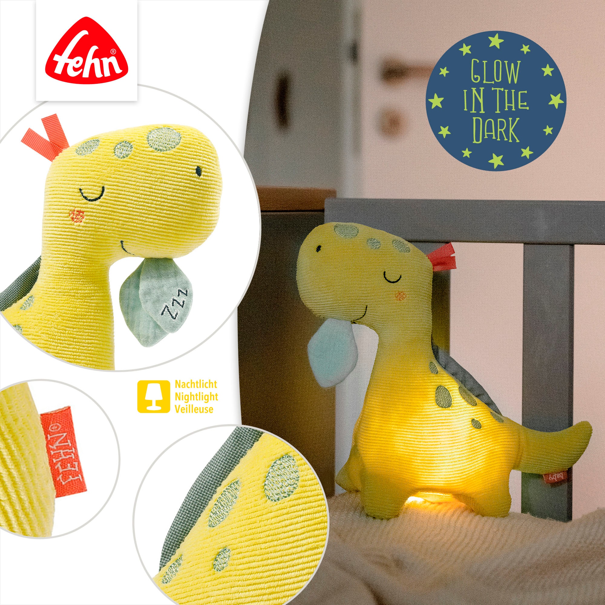 Fehn Kuscheltier »Happy Dino«, mit »Glow-in-the-dark«-Bestickung & Nachtlicht-Modul