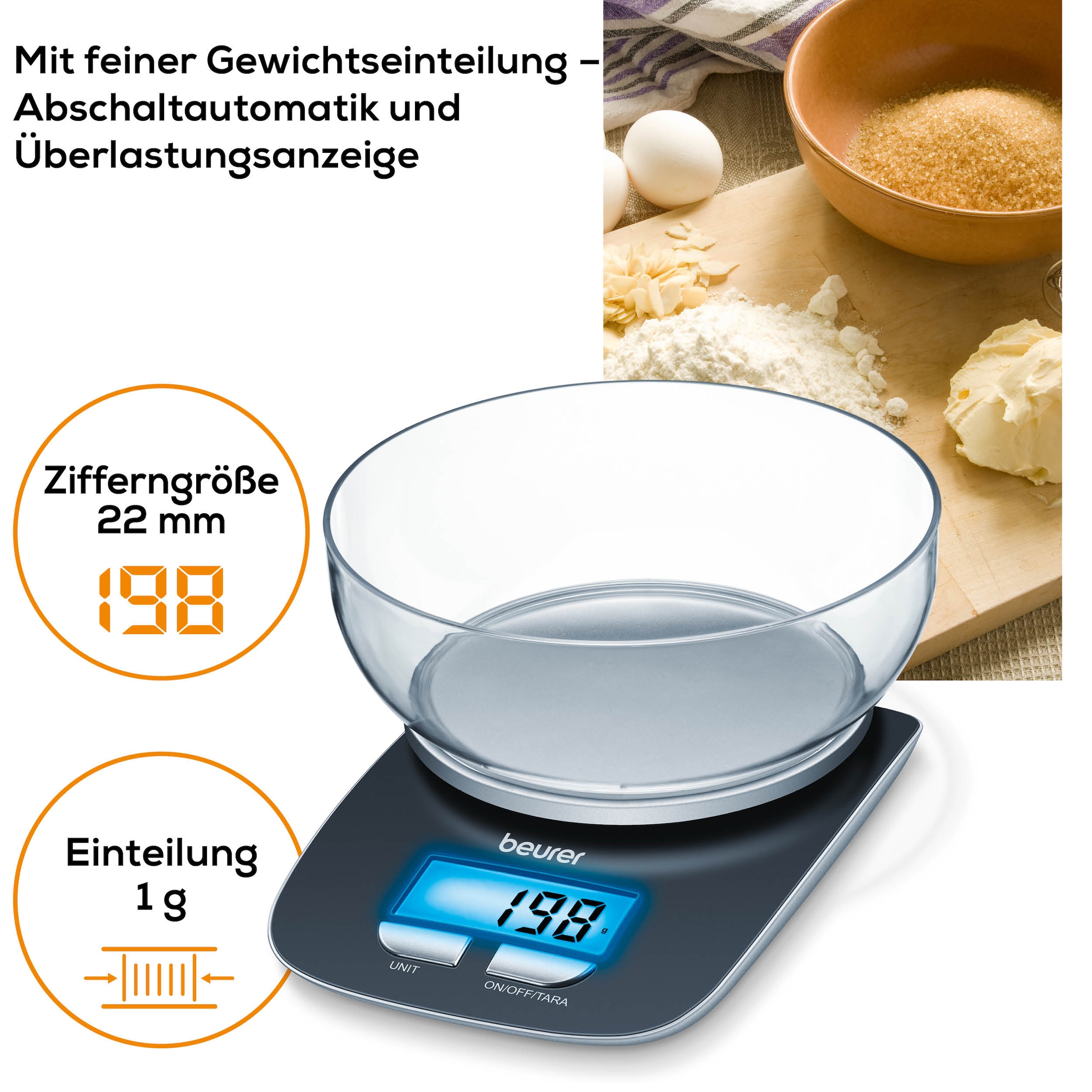 BEURER Küchenwaage »KS 25 Haushaltswaage, mit praktischer Schüssel, Tara-Zuwiegefunktion«, Koch- und Backwaage mit 3 kg Tragkraft und Schüssel mit 1,2l