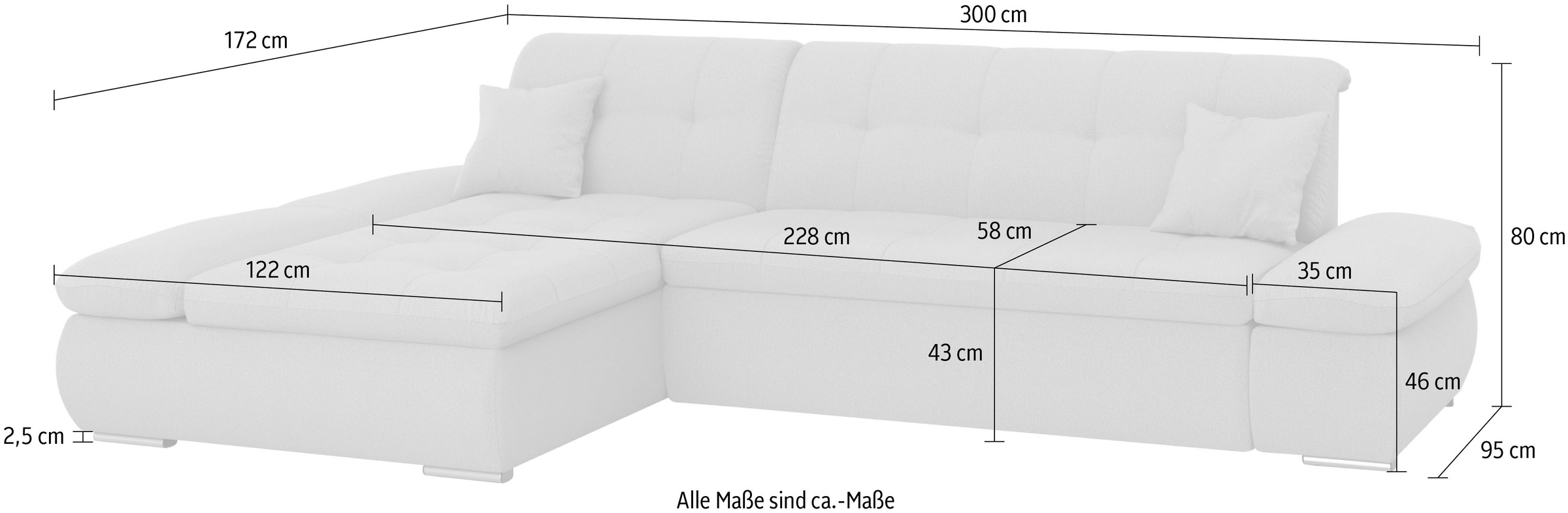 DOMO collection Ecksofa »Moric B/T/H 300/172/80 cm, auch in Cord, L-Form«, XXL-Format, wahlweise auch mit Bettfunktion und Armverstellung