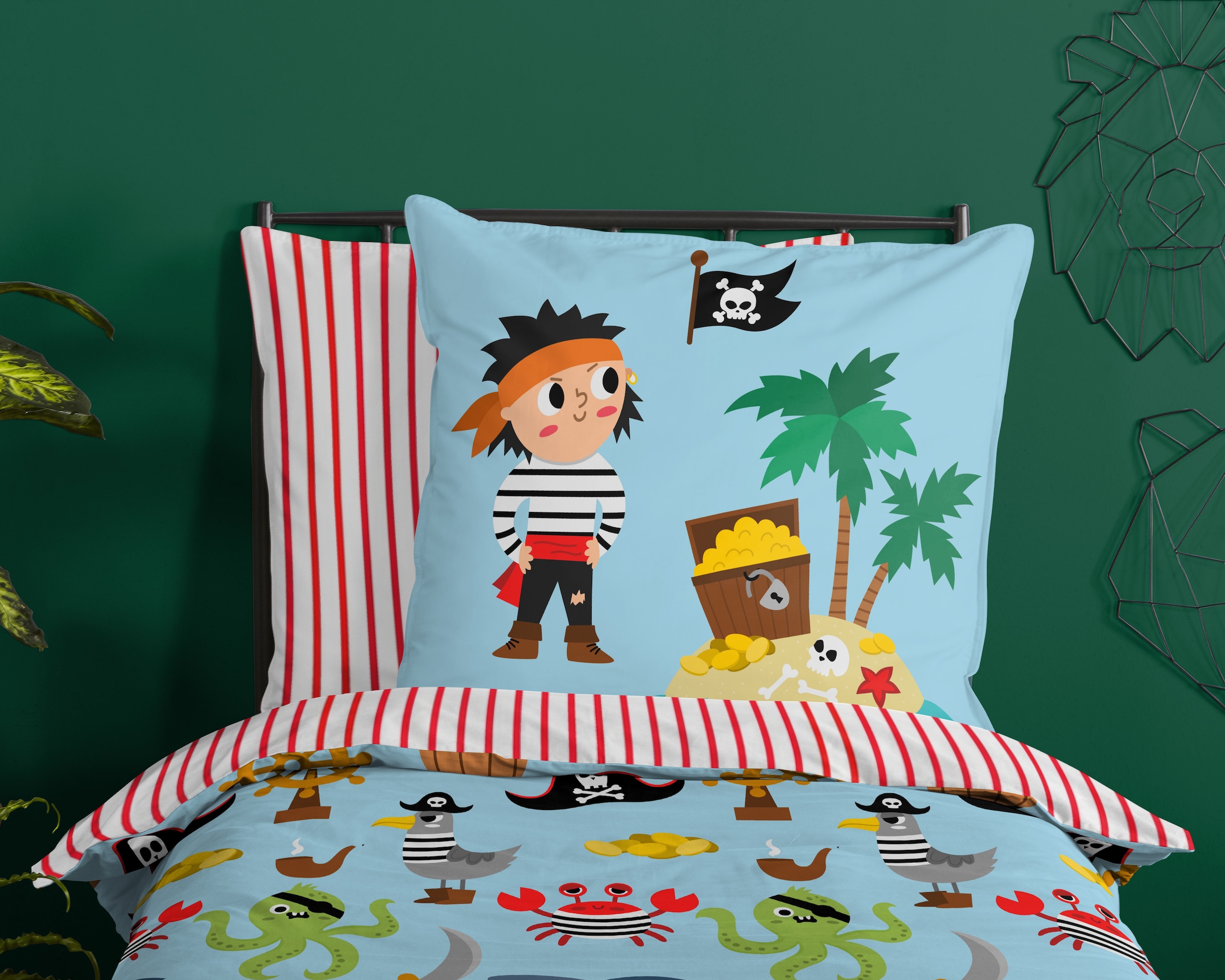 good morning Kinderbettwäsche »Caribbean«, Baumwolle, Reissverschluss, Wende, Baby, Kind, Junge, Piraten, Türkis