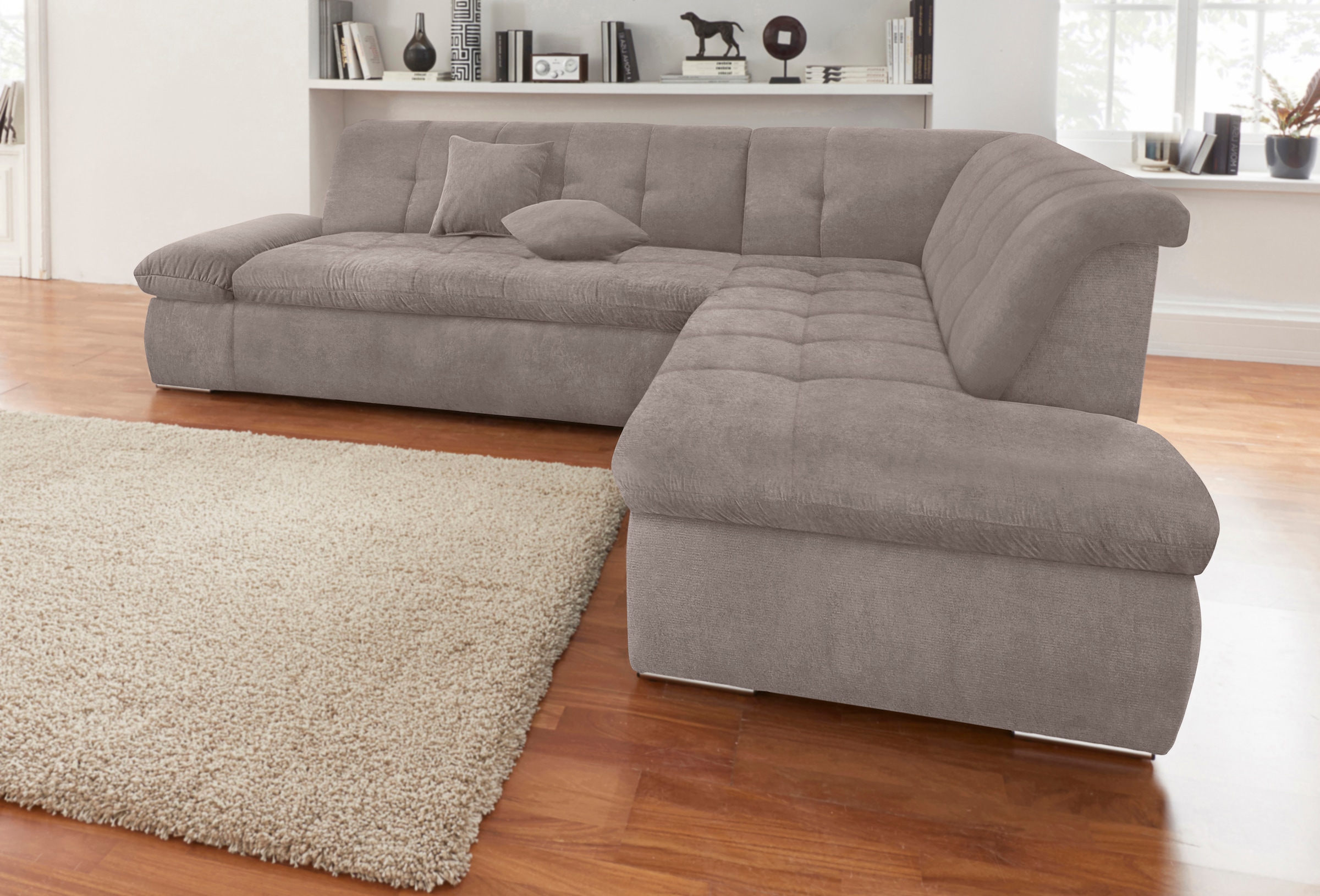DOMO collection Ecksofa "NMORIC inkl. Zierkissen 273x216x80 cm L-Form" Ottomanen-Abschluss, wahlweise mit Bettfunktion und Armlehnverstellung