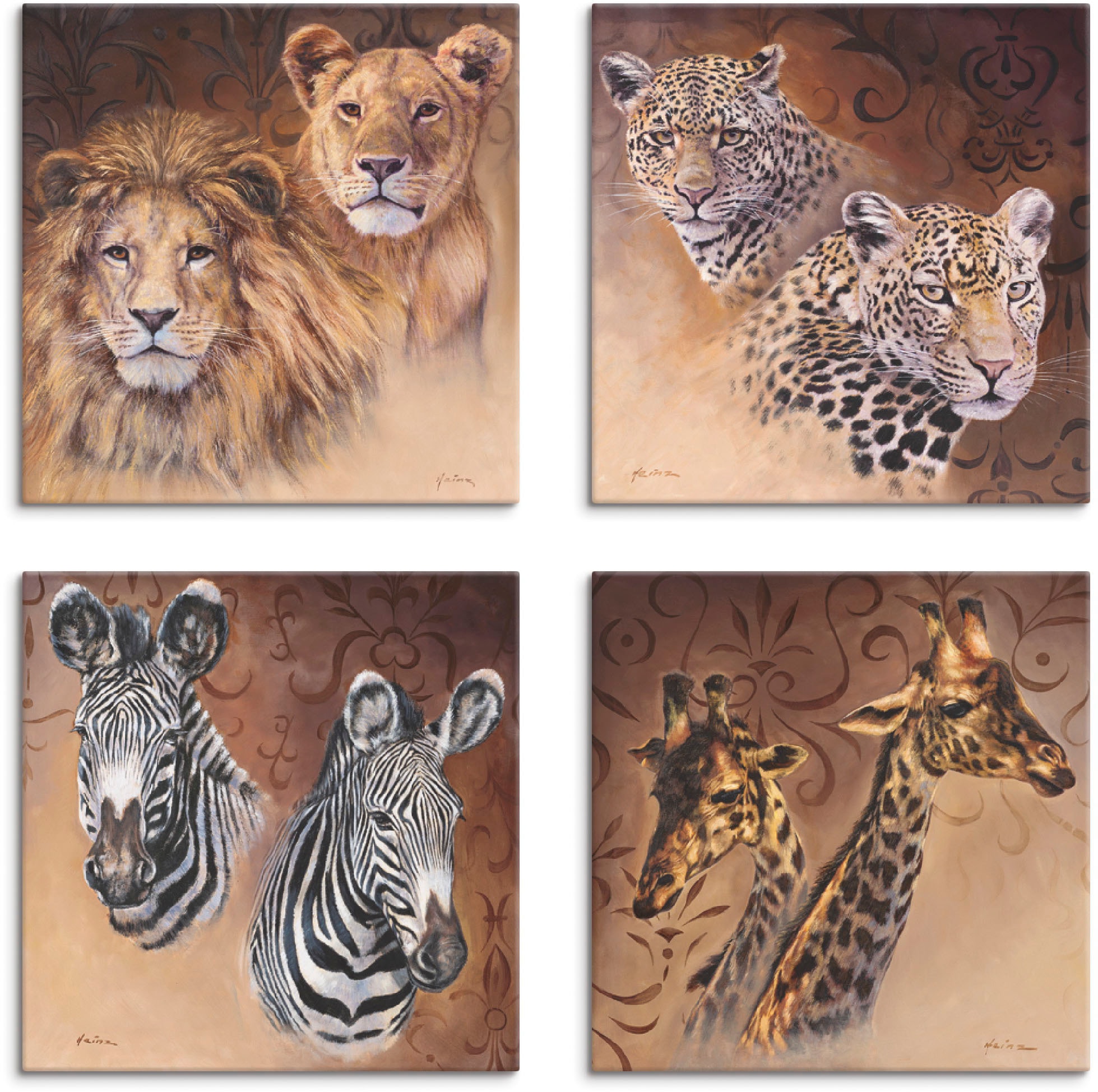 Leinwandbild »Löwen Leoparden Zebra Giraffen«, Wildtiere, (4 St.), 4er Set,...