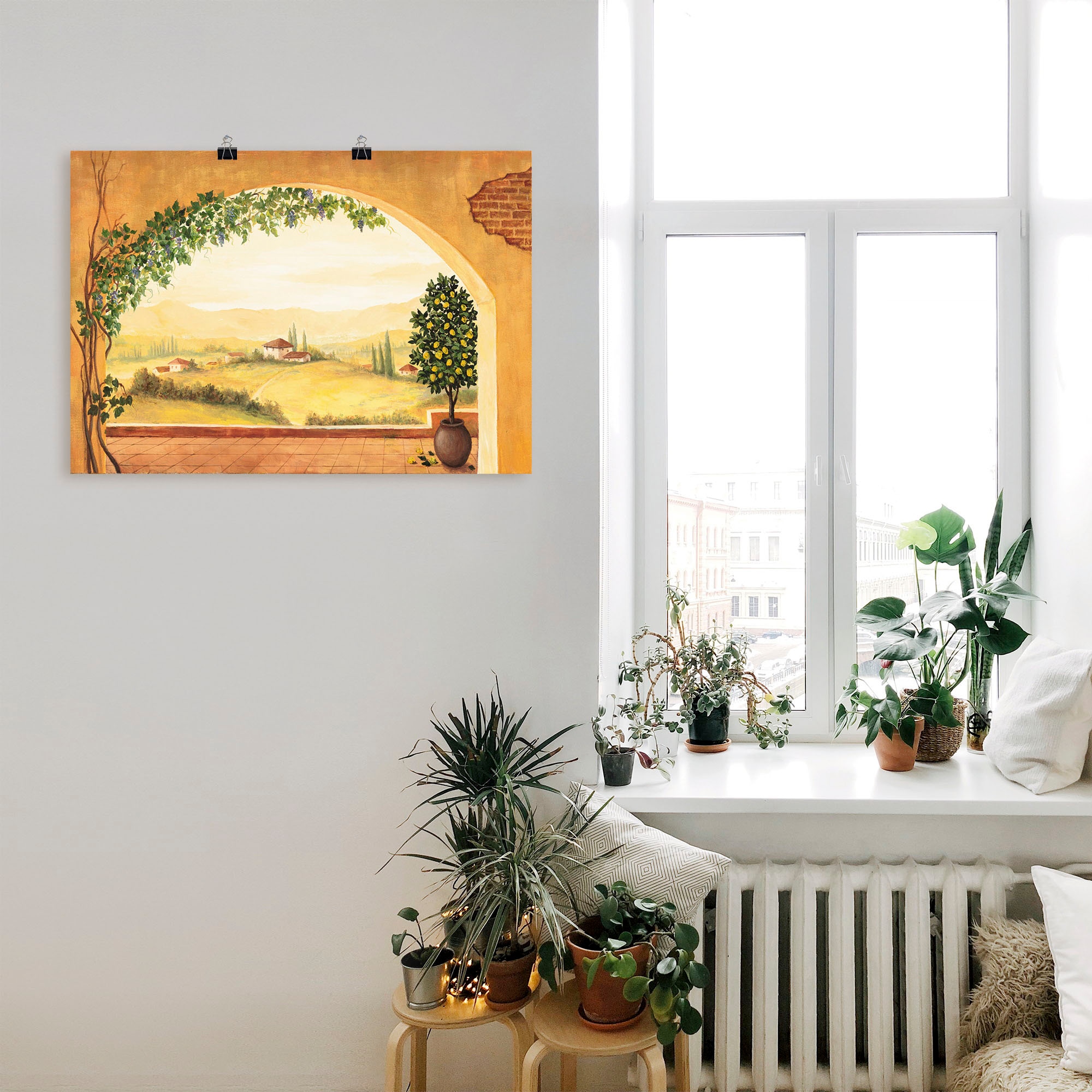 Artland Wandbild »Weinranken vor der Toskanalandschaft«, Fensterblick, (1 St.), als Leinwandbild, Poster in verschied. Grössen
