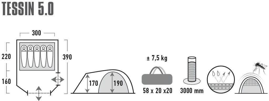 High Peak Kuppelzelt »Zelt Tessin 5.0«, 5 St. Personen, (mit Transporttasche)