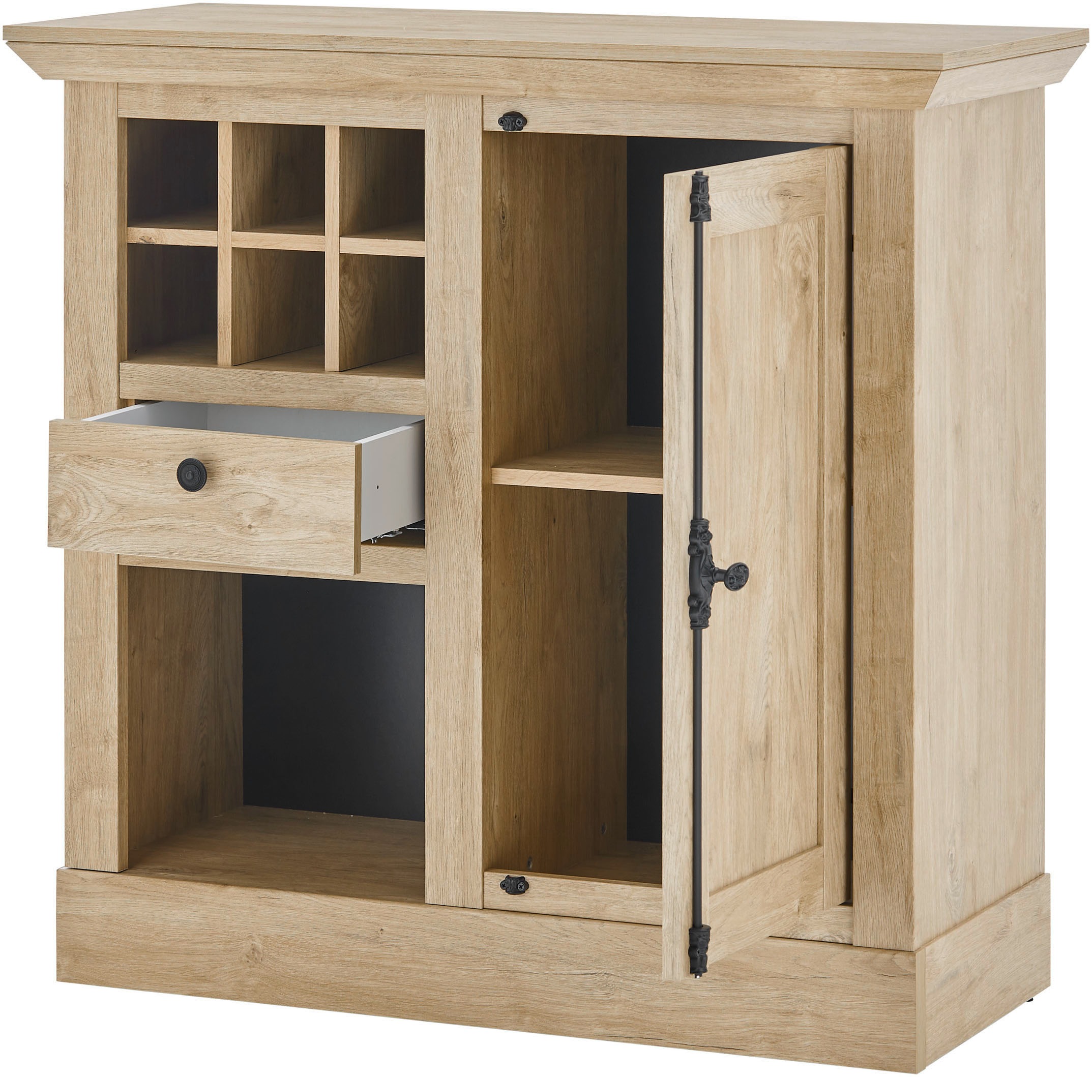 Home affaire Highboard »Cornwall, Kommode im Landhausstil, Schrank, Sideboard, Eiche Dekor«, (1 St.), verschnörkelte Metallgriffe, ausreichend Stauraum, 105 cm breit