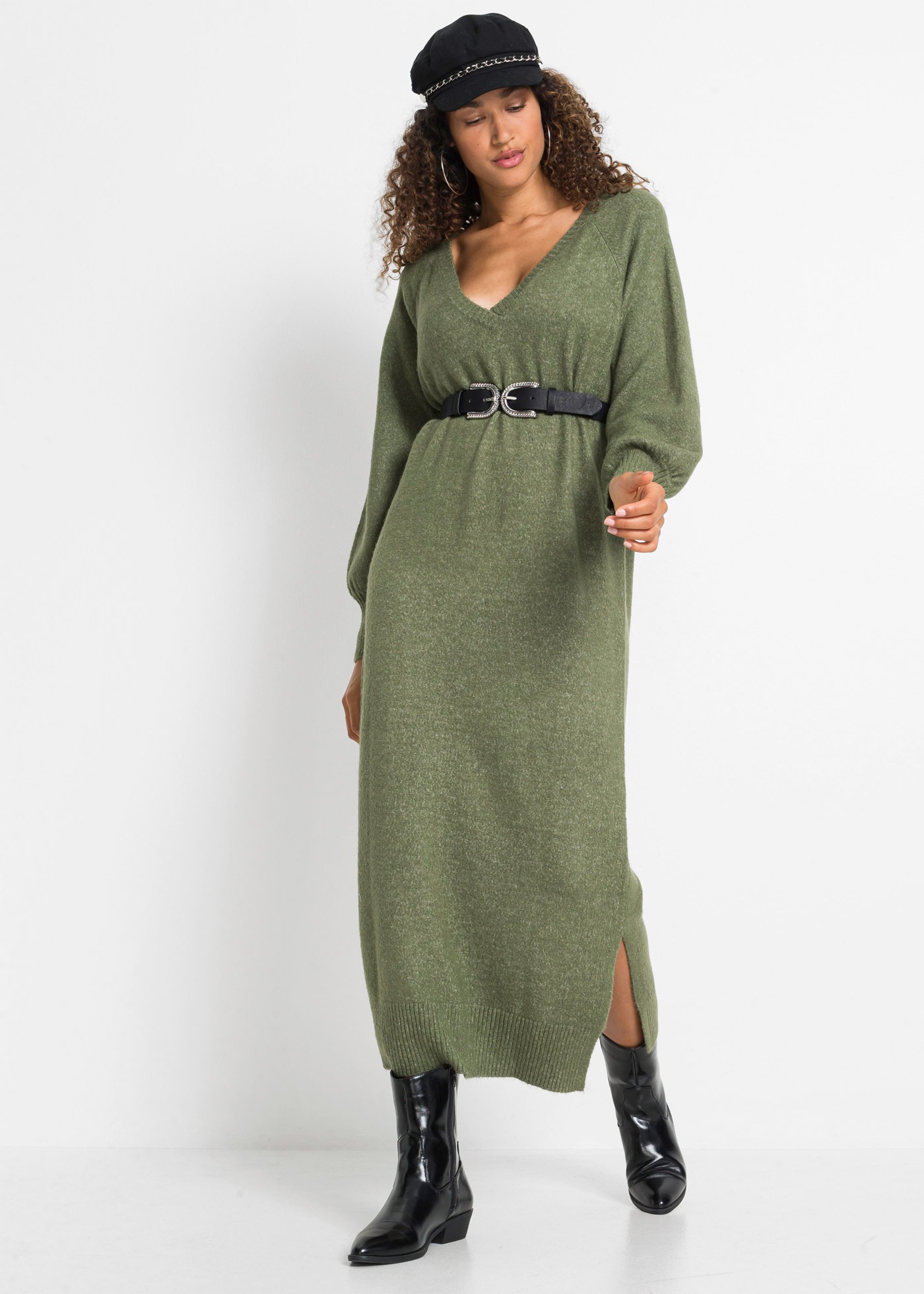 bonprix Strickkleid »Oversized Strickkleid in Midilänge« Oversized Strickkleid in Midilänge mit Ballonärmeln und V-Ausschnitt