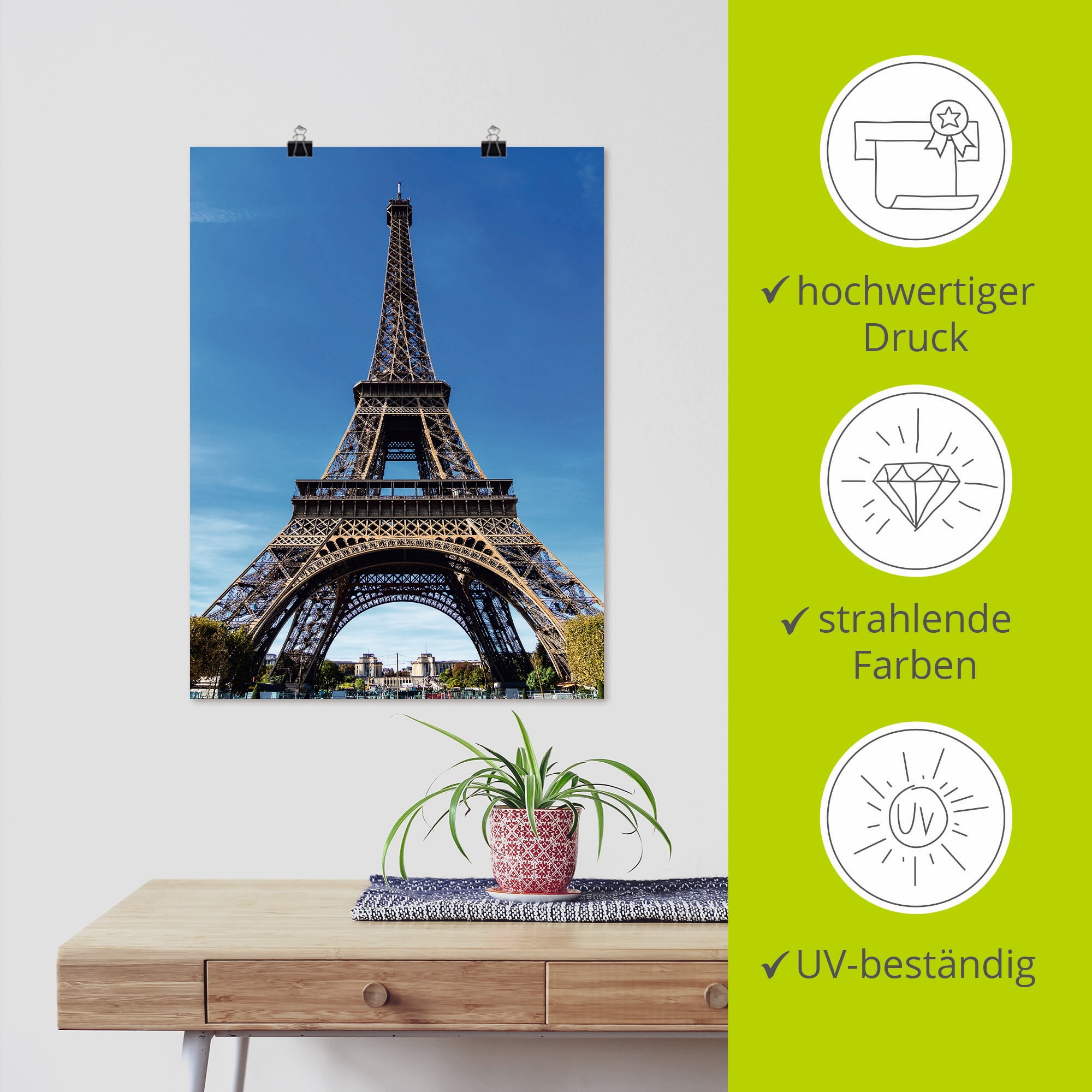 Artland Poster »Blick auf den Eiffelturm in Paris II«, Gebäude, (1 St.), als Alubild, Leinwandbild, Wandaufkleber oder Poster in versch. Grössen