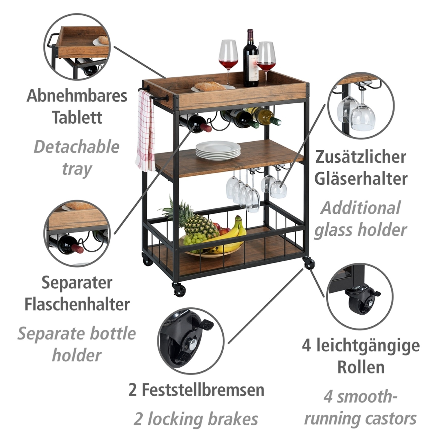 WENKO Servierwagen "Modell Rustico" Küchenwagen mit Weinglashalter und Flaschenhalter