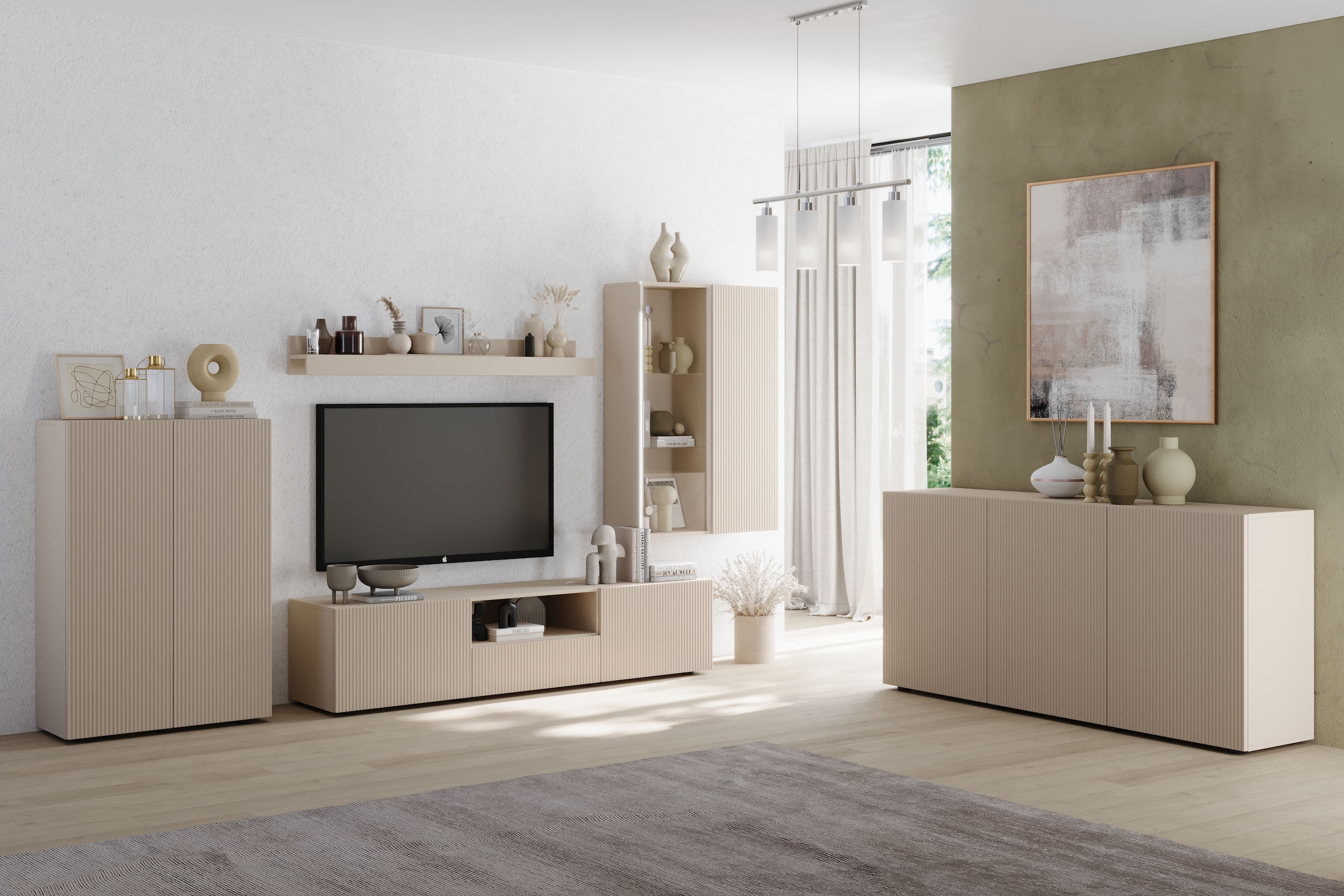 INOSIGN Wohnwand »Rio, 4tlg. Breite 300 cm, modernes, elegantes Wohnzimmer-Set«, (4 St.), (Lowboard, Highboard, Hängevitrine, Wandboard), MDF-Fronten geriffelt