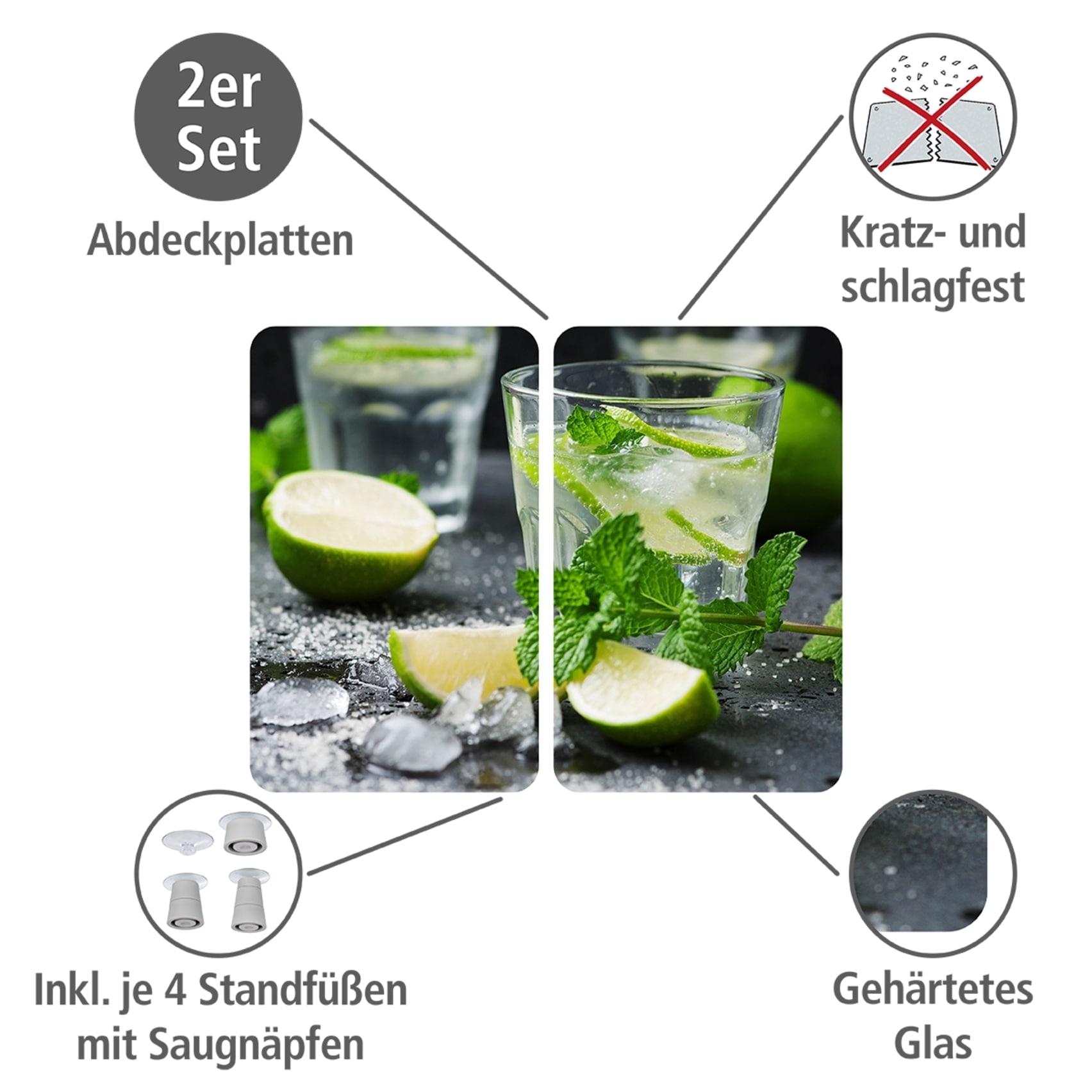 WENKO Herd-Abdeckplatte »Universal Modell Mojito«, (Set, 2 tlg.), Herdabdeckung für alle Herdarten, kratzfest, mit rutschfesten Füssen
