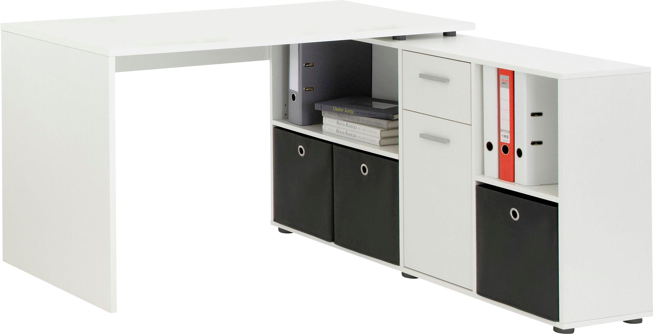 FMD Eckschreibtisch "Lexo" Schreibtisch/Sideboard viel Stauraum, beidseitig montierb., 136/205 cm